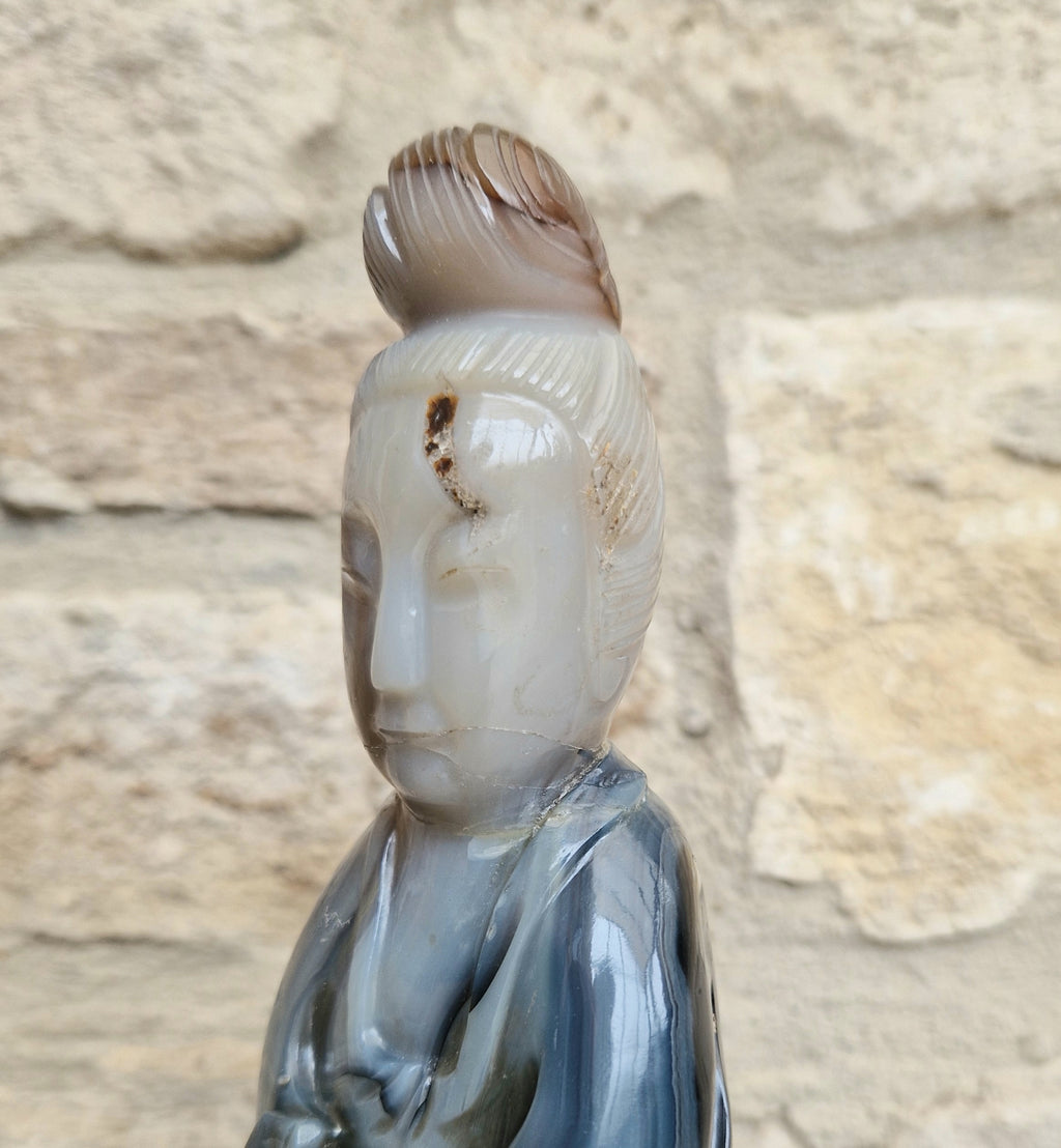Antique Carved Chinese Agate Figure Kuan Yin Bodhisattva of Compassion *Repair