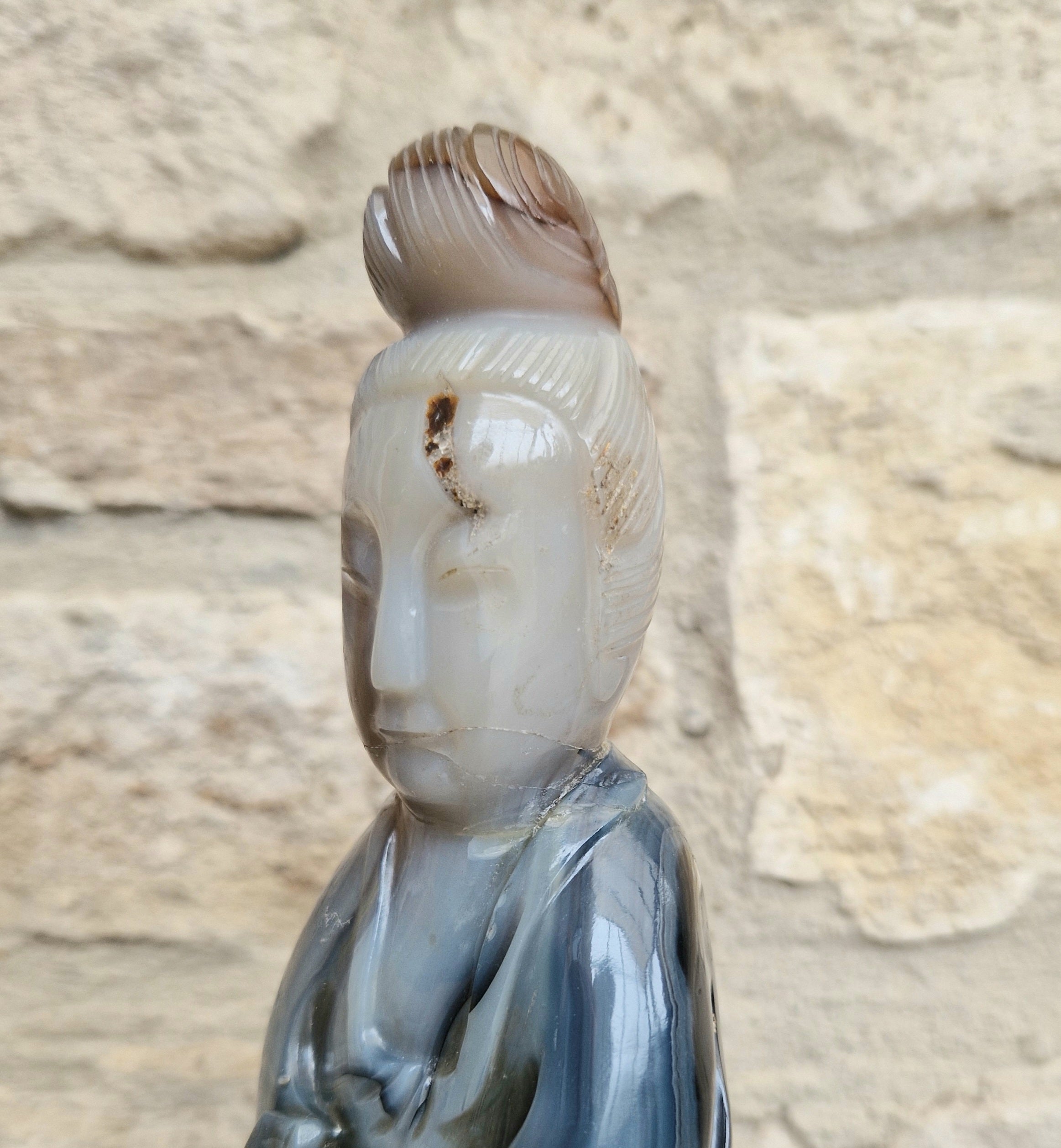 Antique Carved Chinese Agate Figure Kuan Yin Bodhisattva of Compassion *Repair