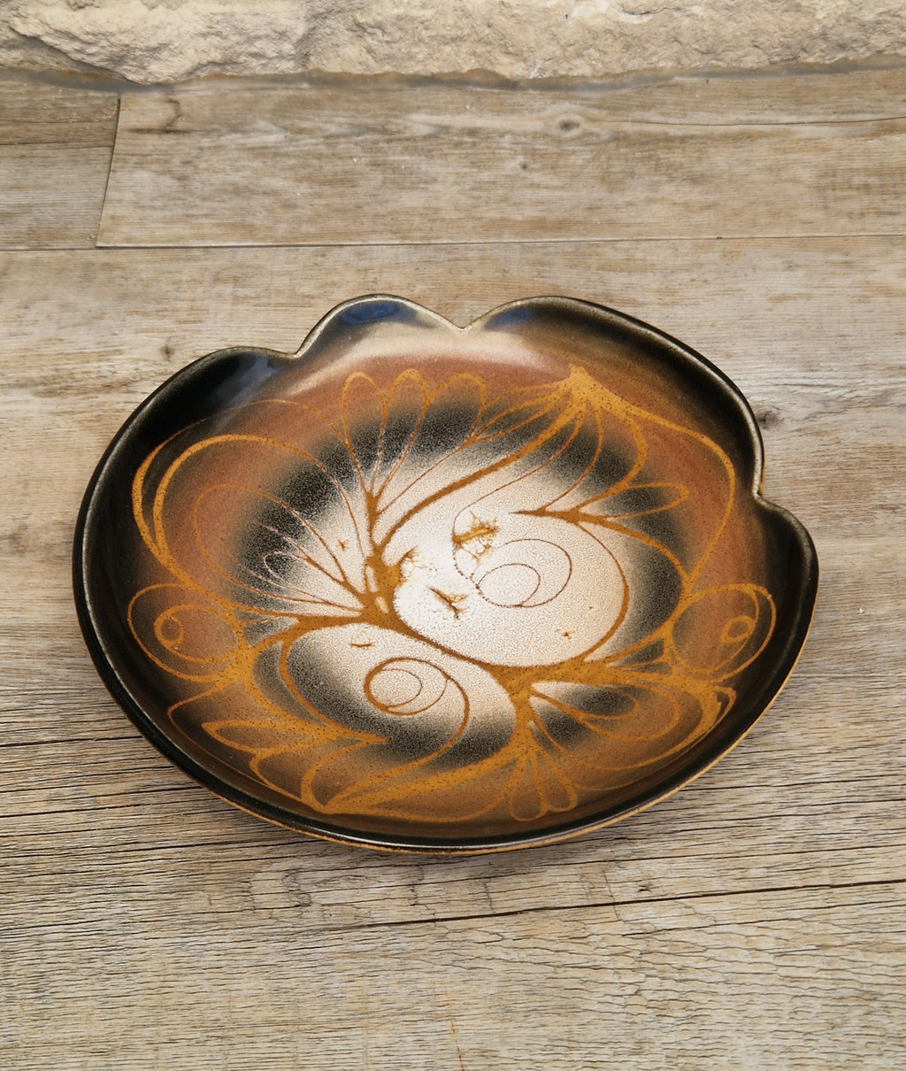 Poole Pottery Aegean "Sweetheart" Fluted Bowl Hand-Painted Stylized Butterfly Motif by Janet Brown Signed 1970s