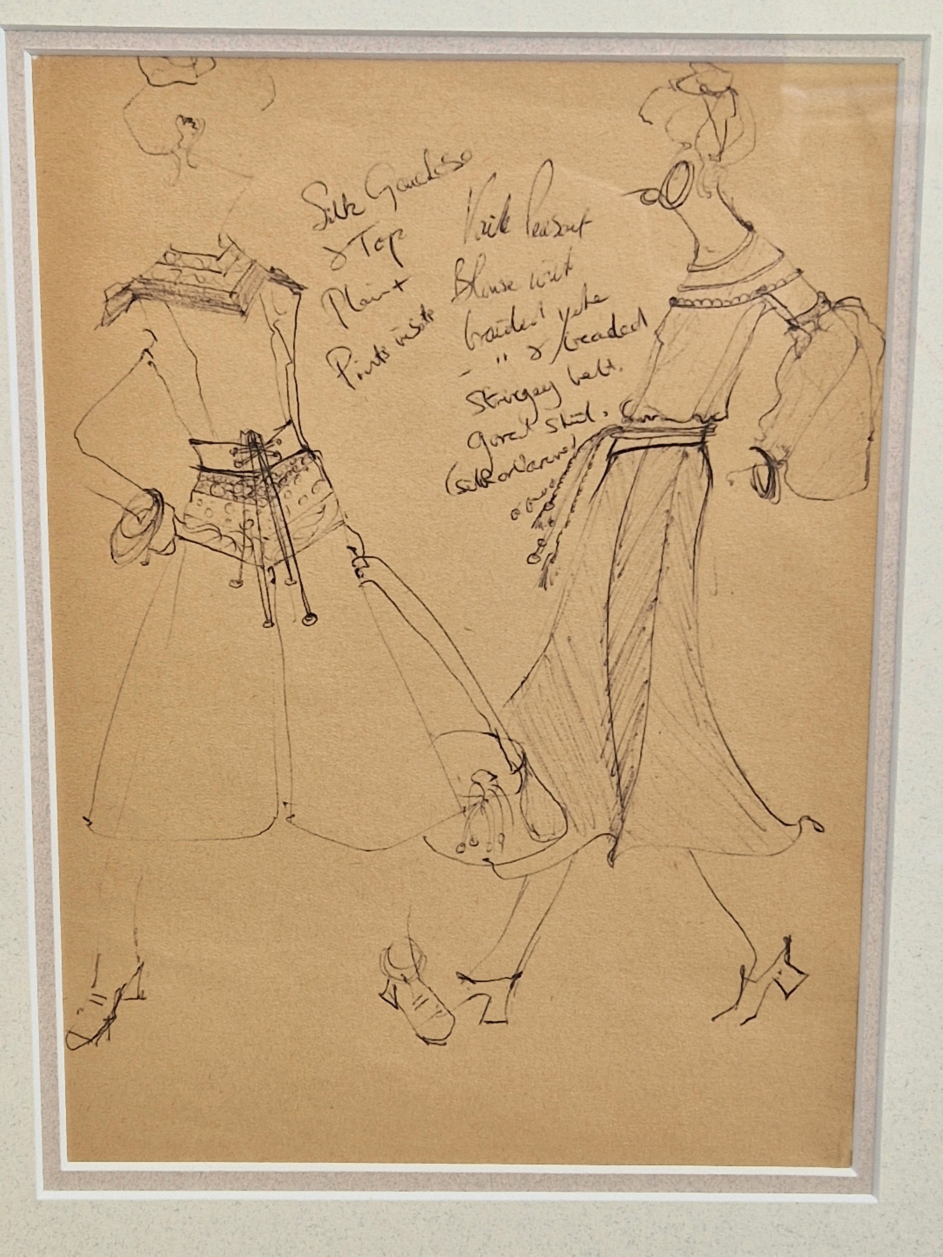 1970s Couture Fashion Drawings Double Framed Sketches Original Bill Gibb Style