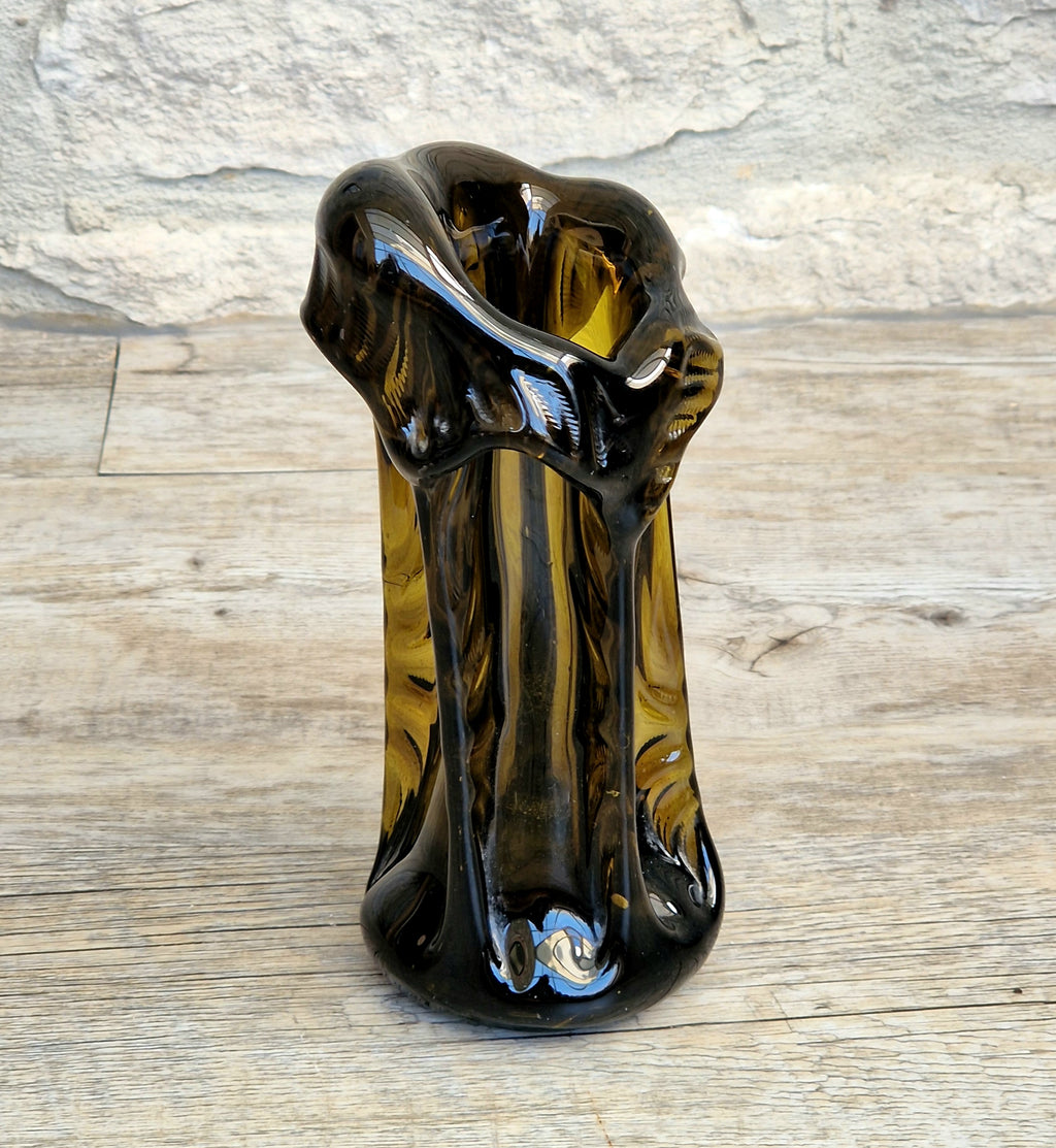 Vintage 1970s Polish Wołomin Hand Blown Smoked Amber Art Glass Pulled Freeform Ribbed Vase Rare Piece