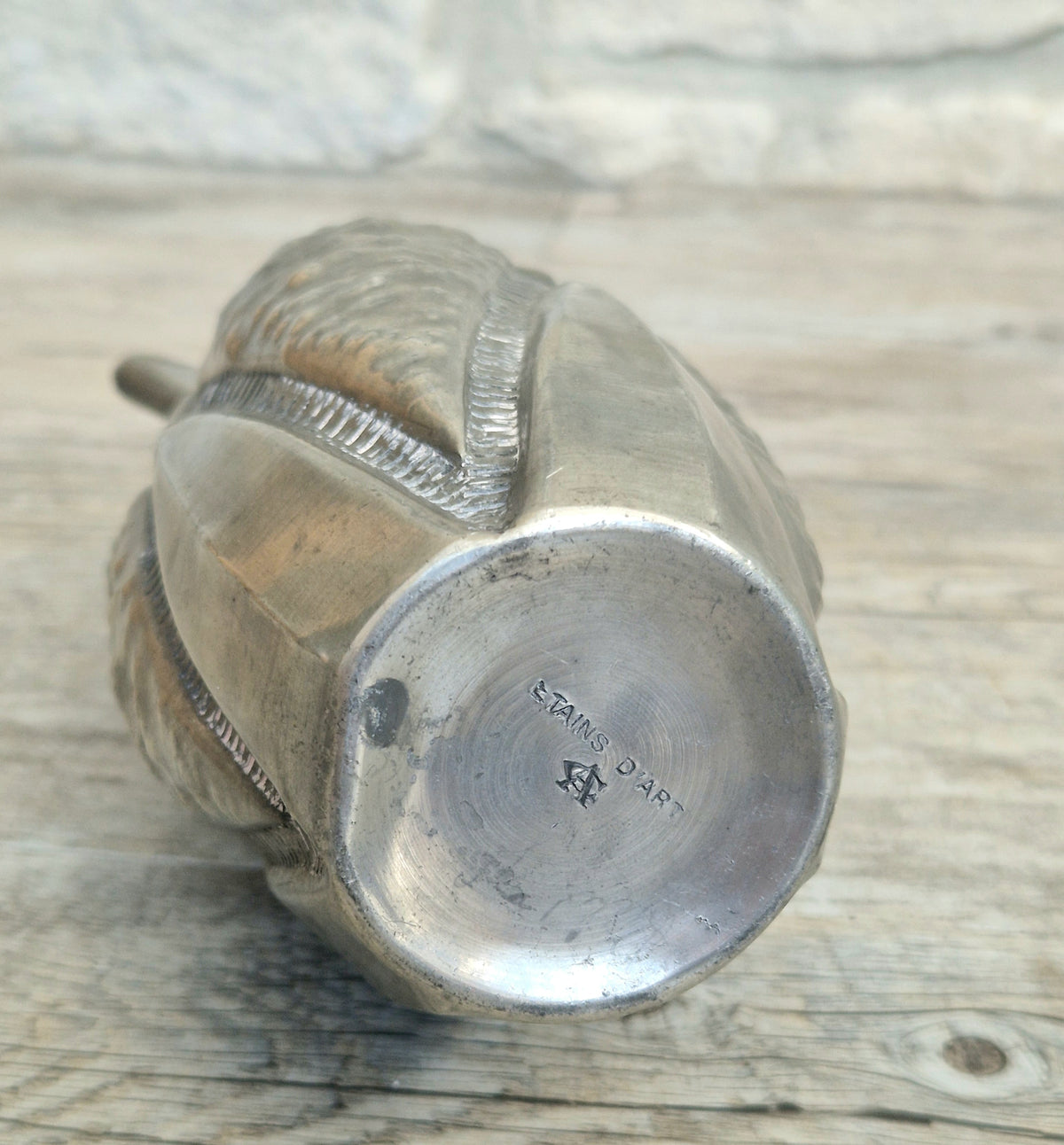 Antique French Art Deco Pewter Pitcher by Alice and Eugene Chanal Hand Hammered Jug Signed