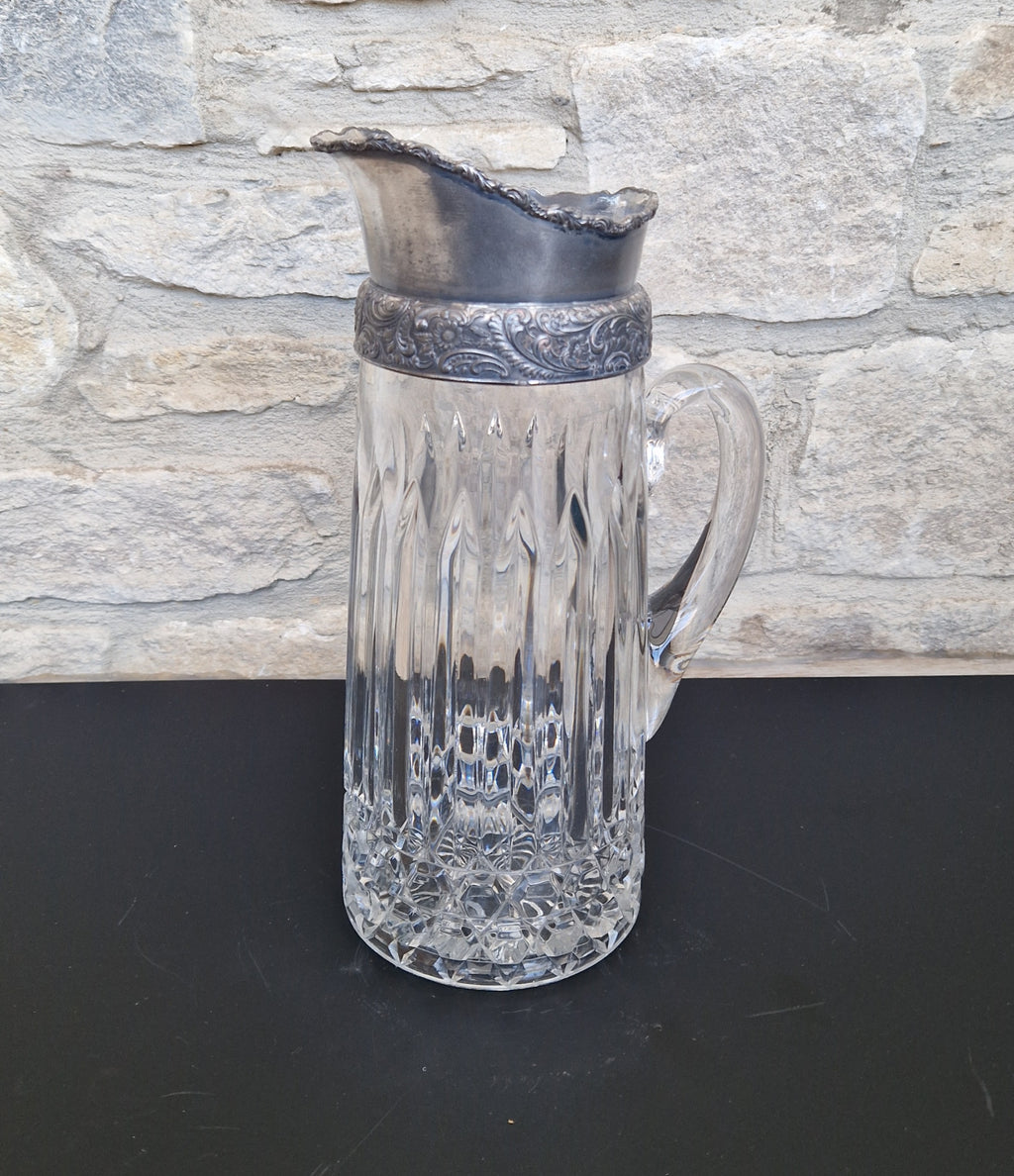 English Heavy Cut Glass & Pewter Water Pitcher Circa 1890 Antique Crystal