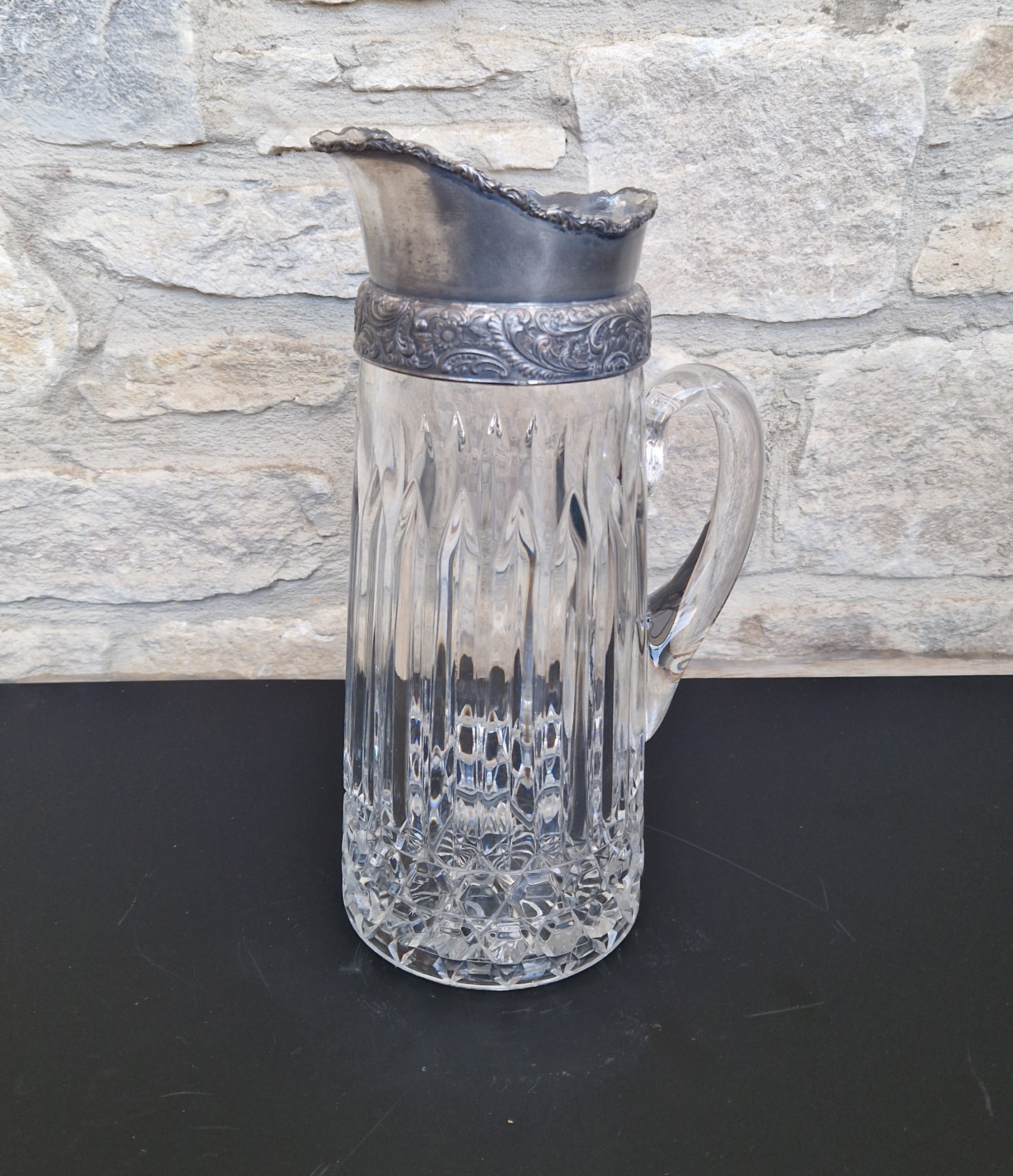 English Heavy Cut Glass & Pewter Water Pitcher Circa 1890 Antique Crystal