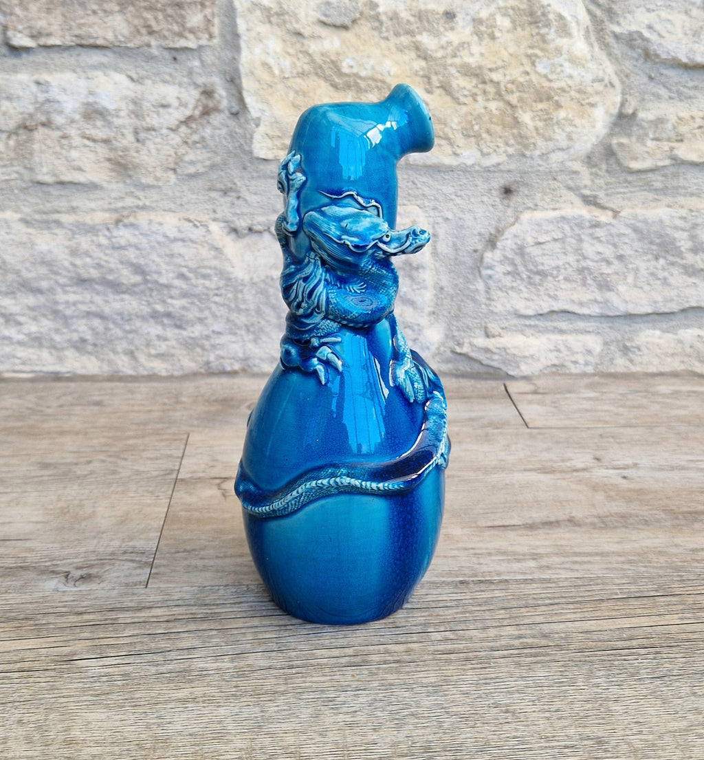 Antique Japanese Awaji Meiji Period Turquoise Pottery Dragon Bottle Vase