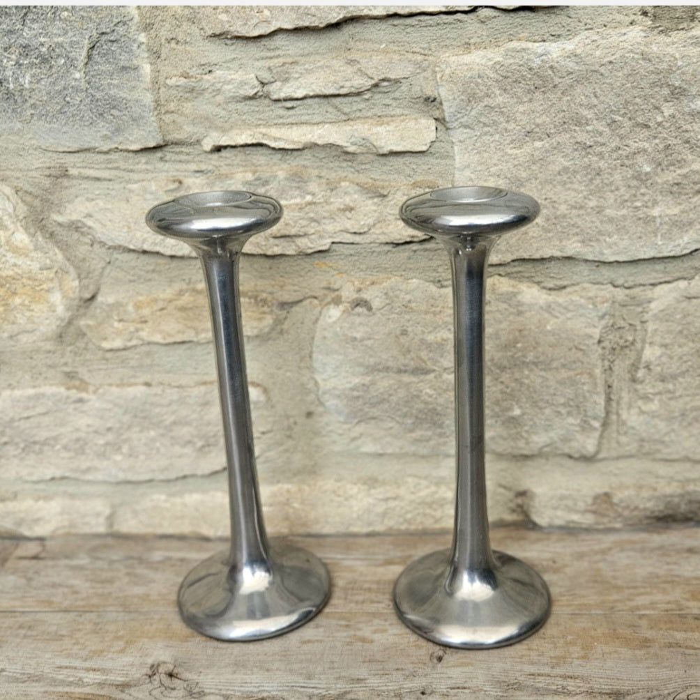 Pair Of Vintage Aluminium Tall Candlesticks 1990's Ikea Kagla Metal By Carl Ojerstam 25cm Tall