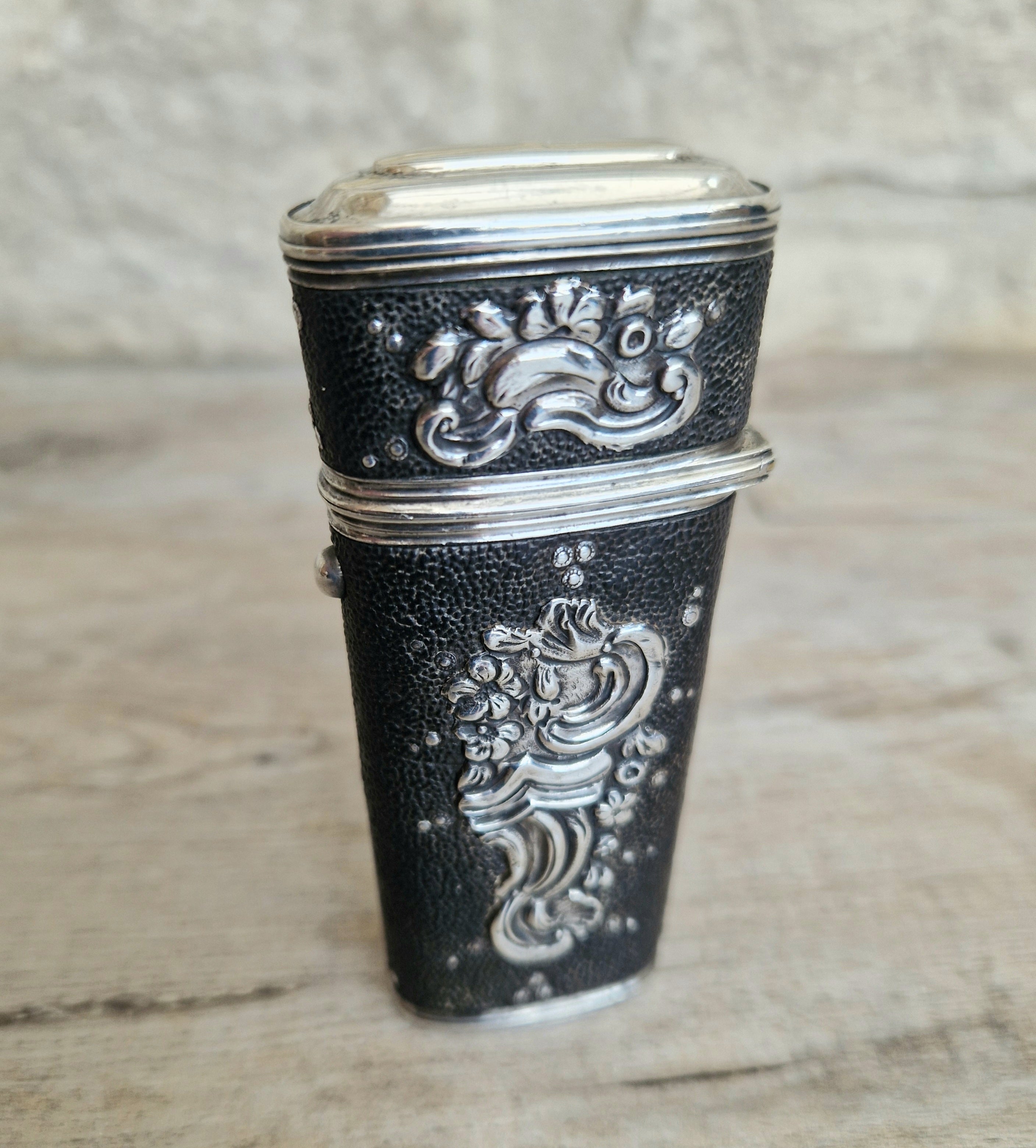 18th Century Etui French Black Shagreen & Silver Necessaire Case Rare Early Example