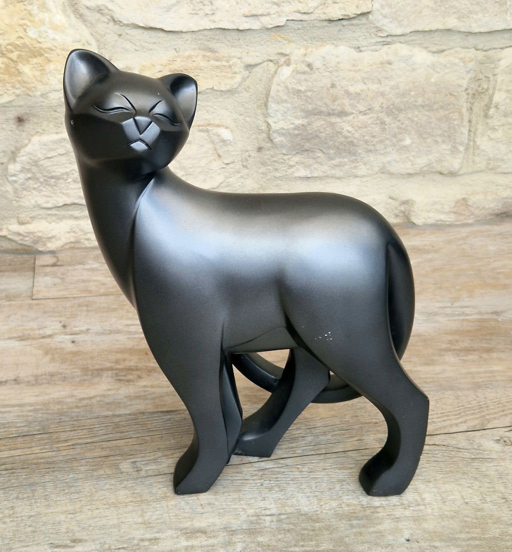 4D Art Cat Sculpture Figurine 2010 Black Animal Forms Stylized Matte Ornament 30cm