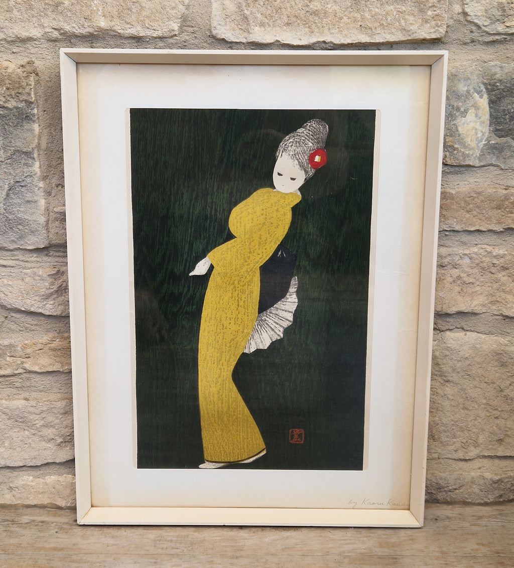 Vintage Kaoru Kawano Large Japanese Woodblock Print Camellia Yellow Kimono Mid-Century Framed