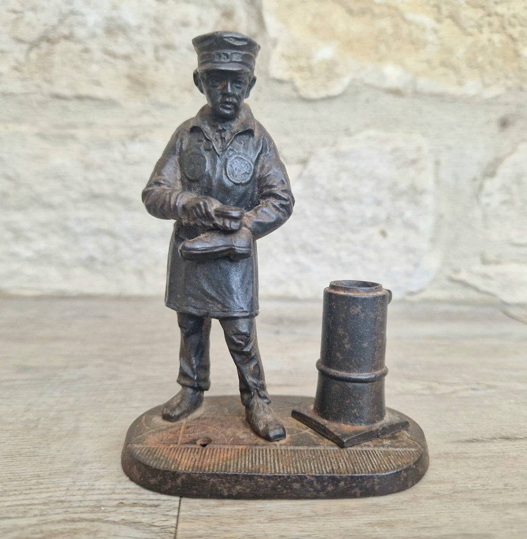 Rare Antique E.G. Zimmermann Hanau Cast Iron Shoeshine Boy Figural Table Match Holder & Striker