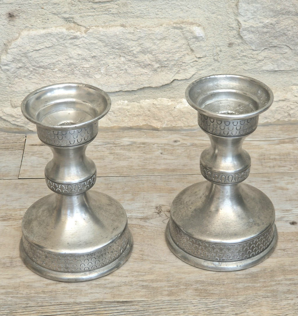 Vintage Norwegian Pewter Candlesticks Pair Olav Cook Mid Century Scandinavian Viking Decor