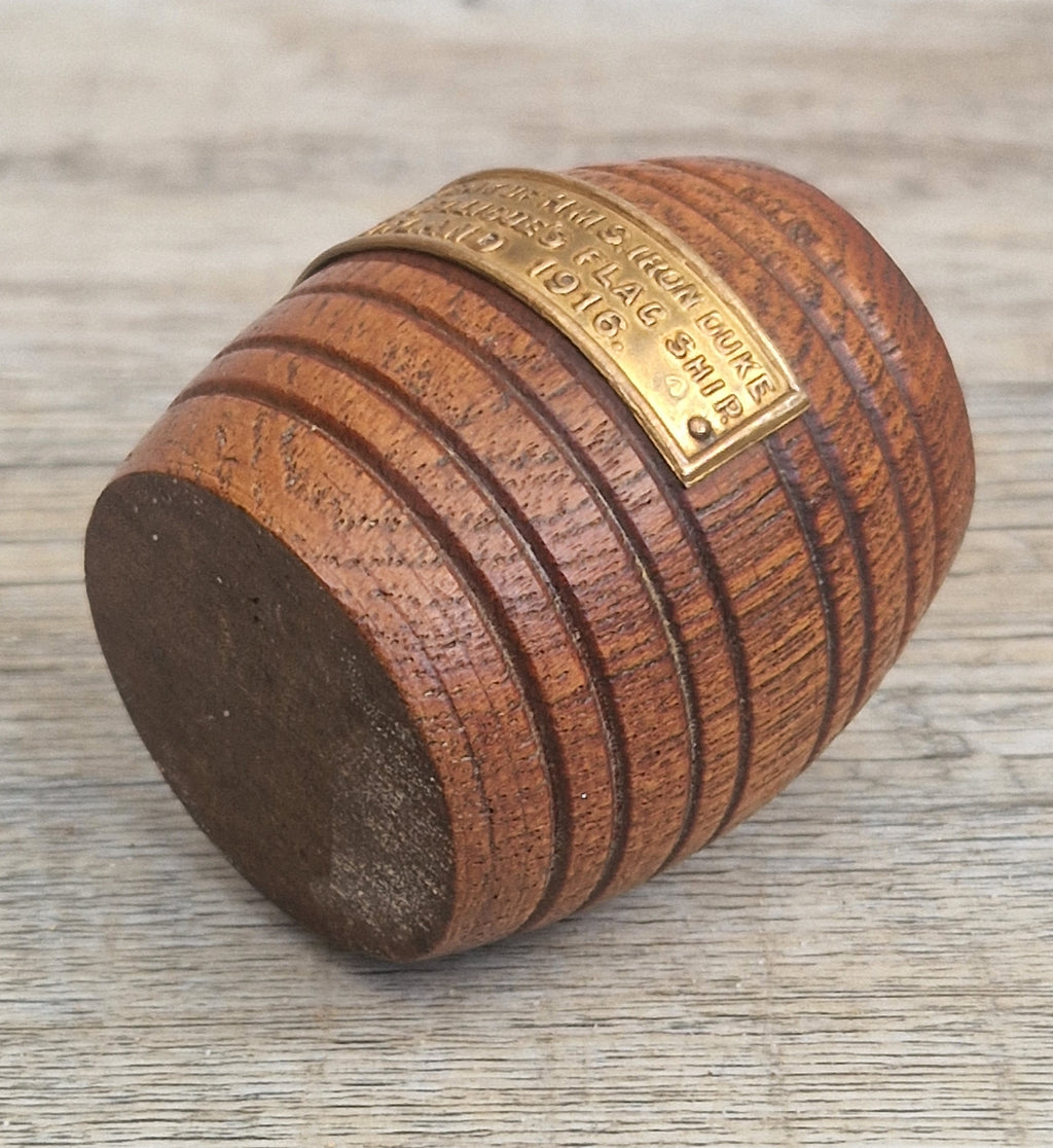 HMS Iron Duke Teak Barrel WWI Battle of Jutland Maritime Relic Admiral Jellicoe Flagship Souvenir Treen Match Holder Vesta