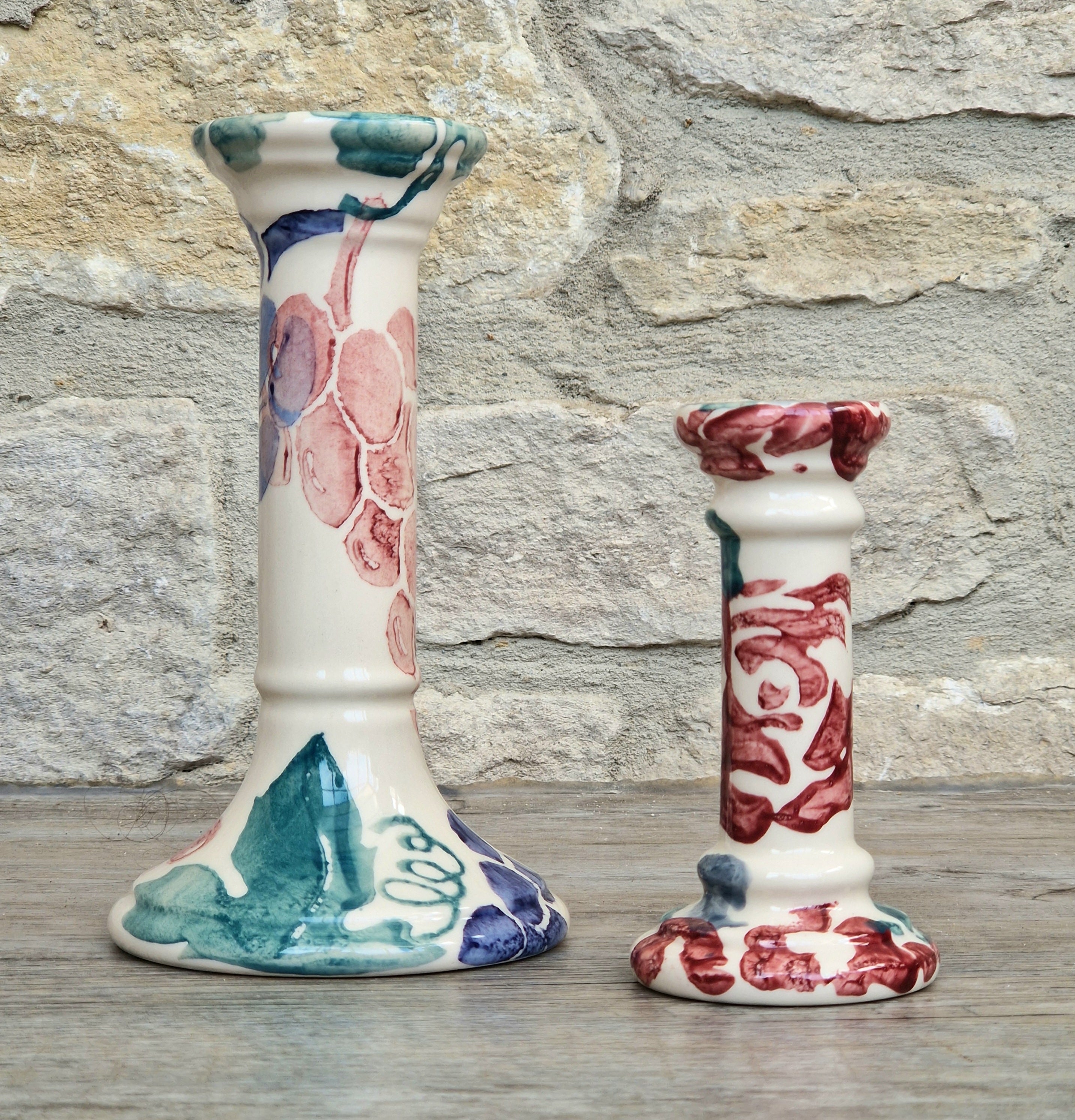 2 x Emma Bridgewater Spongeware Grapes & Roses Candle Sticks Candle Holders Vintage Early