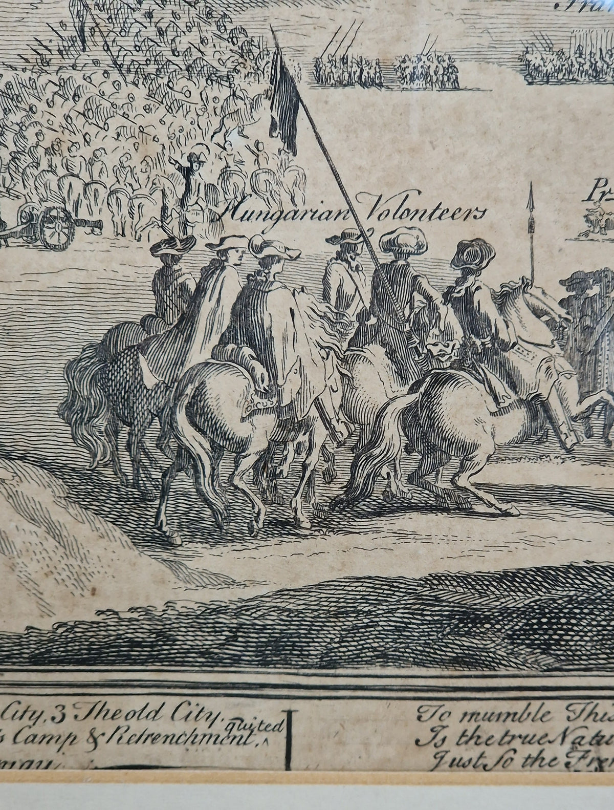 1742 Prague Siege Antique Copperplate Engraving John Bickham Military Battle Map Satire Print Framed