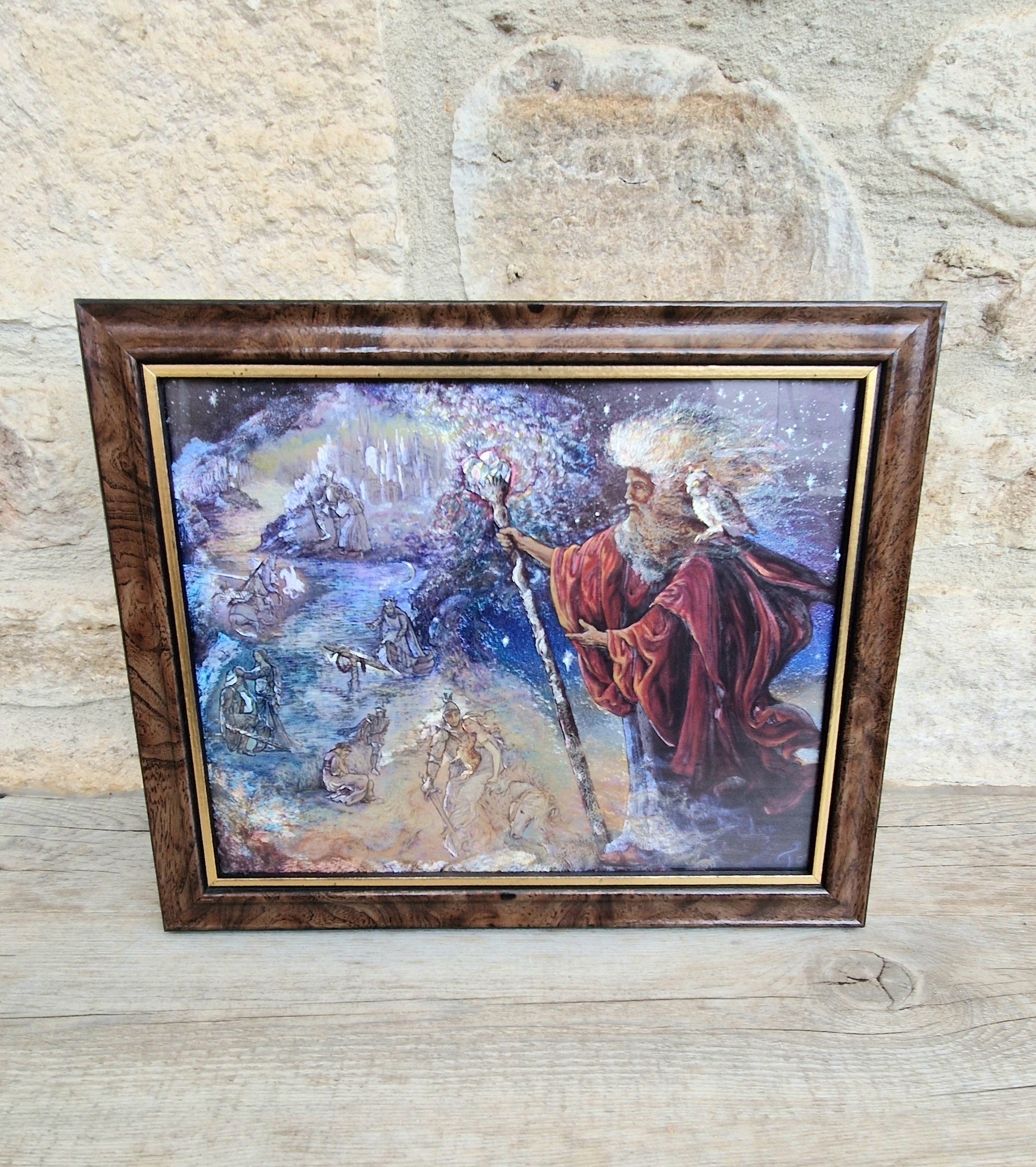 Vintage 1990s Foil Art Print Titled "Merlin's Quest" by Artist Josephine Wall Framed