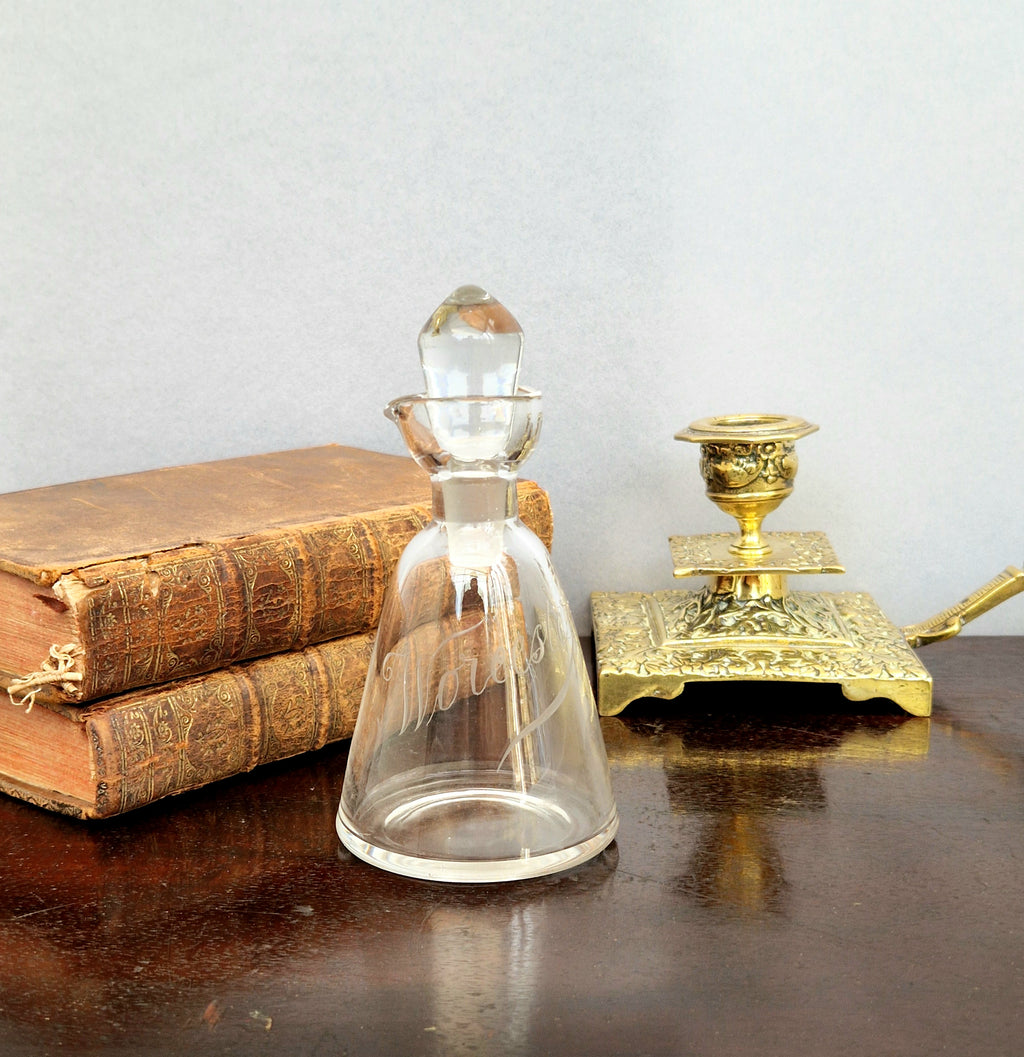Antique Engraved Glass Worcester Condiment Bottle c.19th Century Fine Copper Wheel Engraving  Glass Stopper English