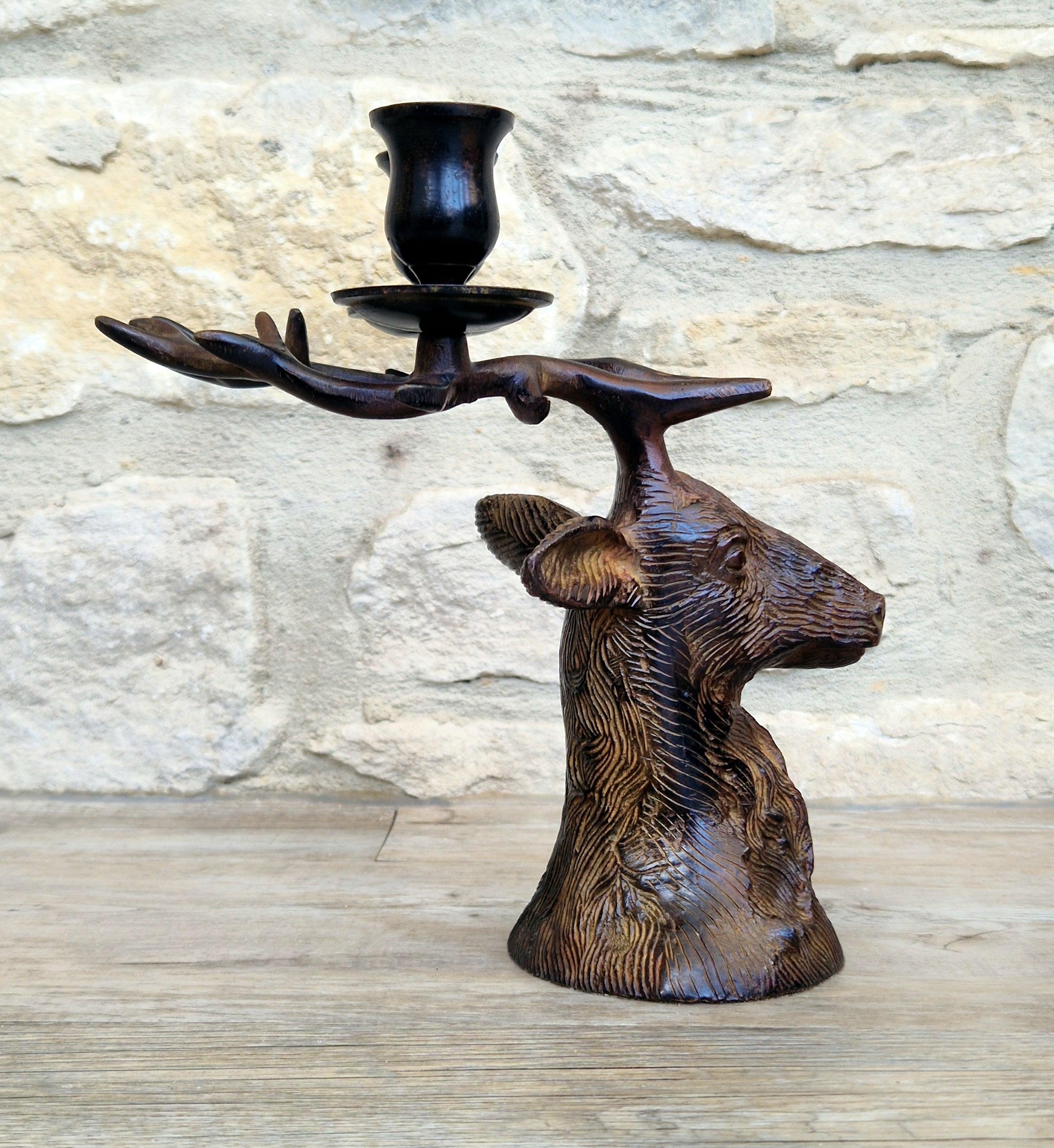 Vintage Heavy Patinated Bronze Stag Head Bust Double Candle Holder Table Decor