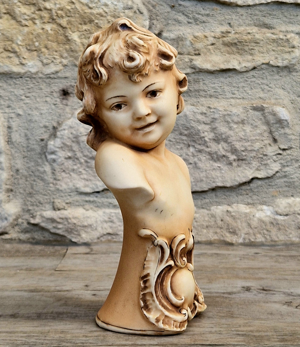 Antique NeoClassical Continental Patinated Bisque Porcelain Putti Child Bust Figure Ornament