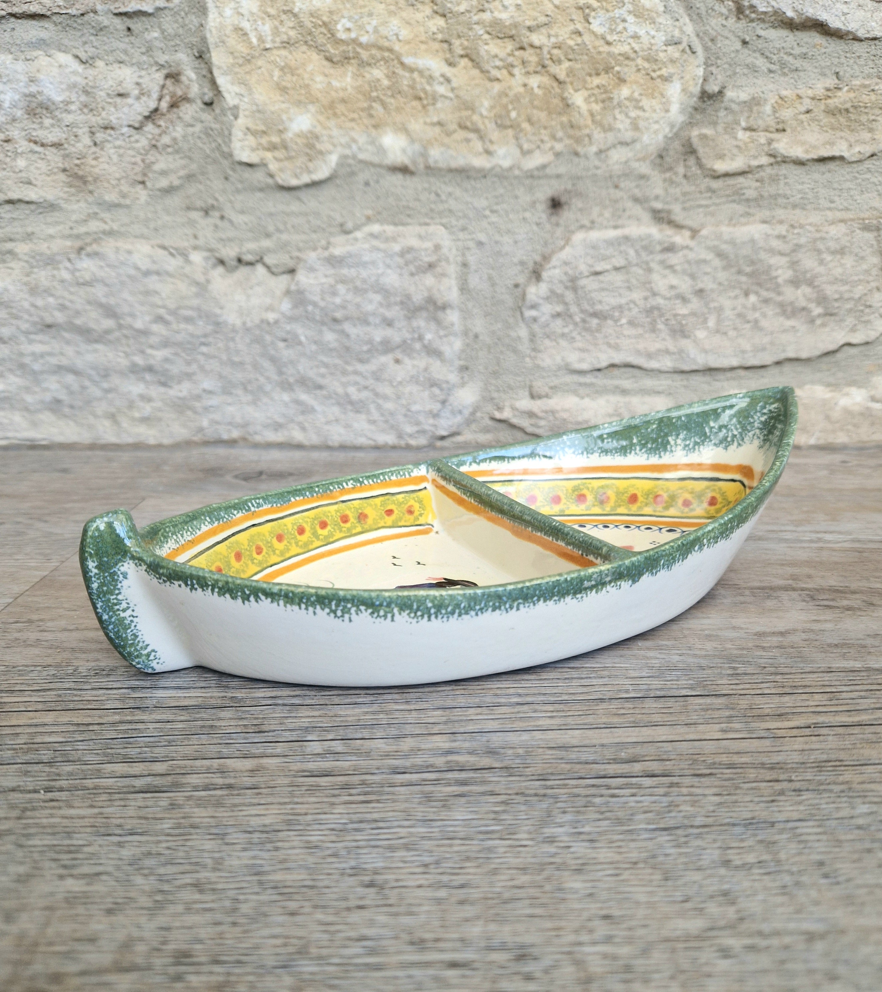 Vintage Henriot Quimper Faience Ceramic Boat Shape Divided Serving Dish