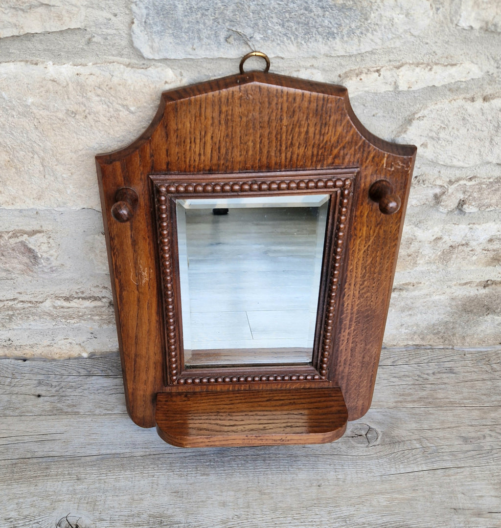 English Oak Arts & Crafts Wall Mirror Bevelled And Beaded Antique Mirror With Shelf And Hooks