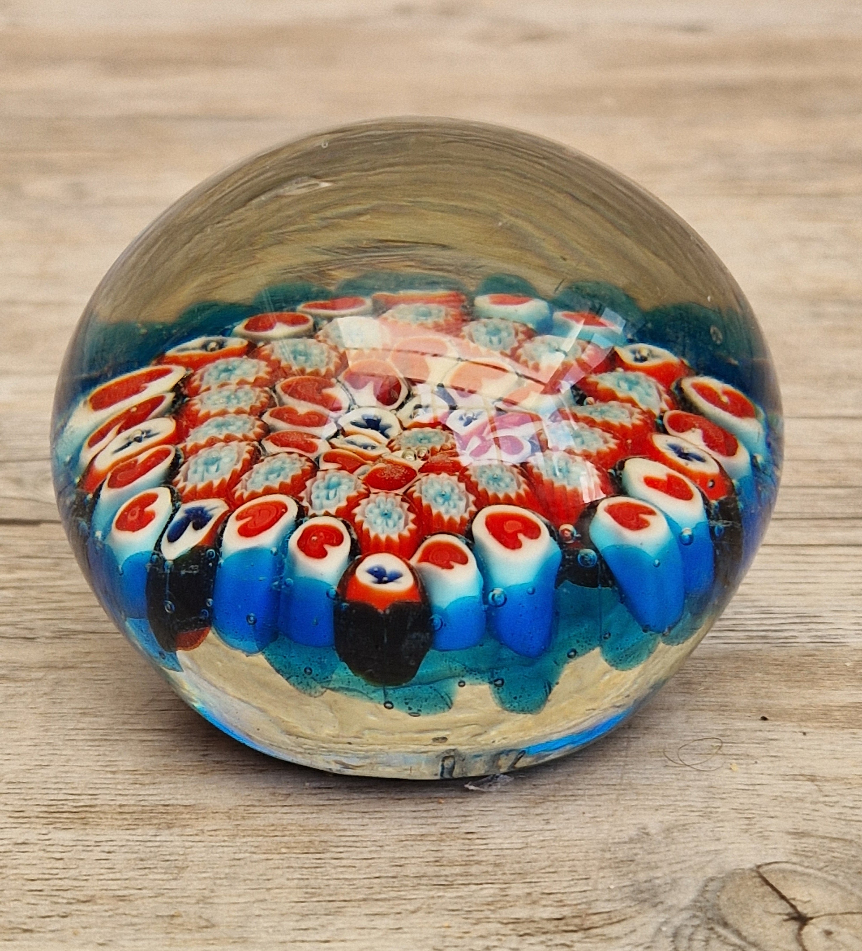 Vintage Murano Red and Blue Glass Hearts & Clubs Millifiore Round Paperweight