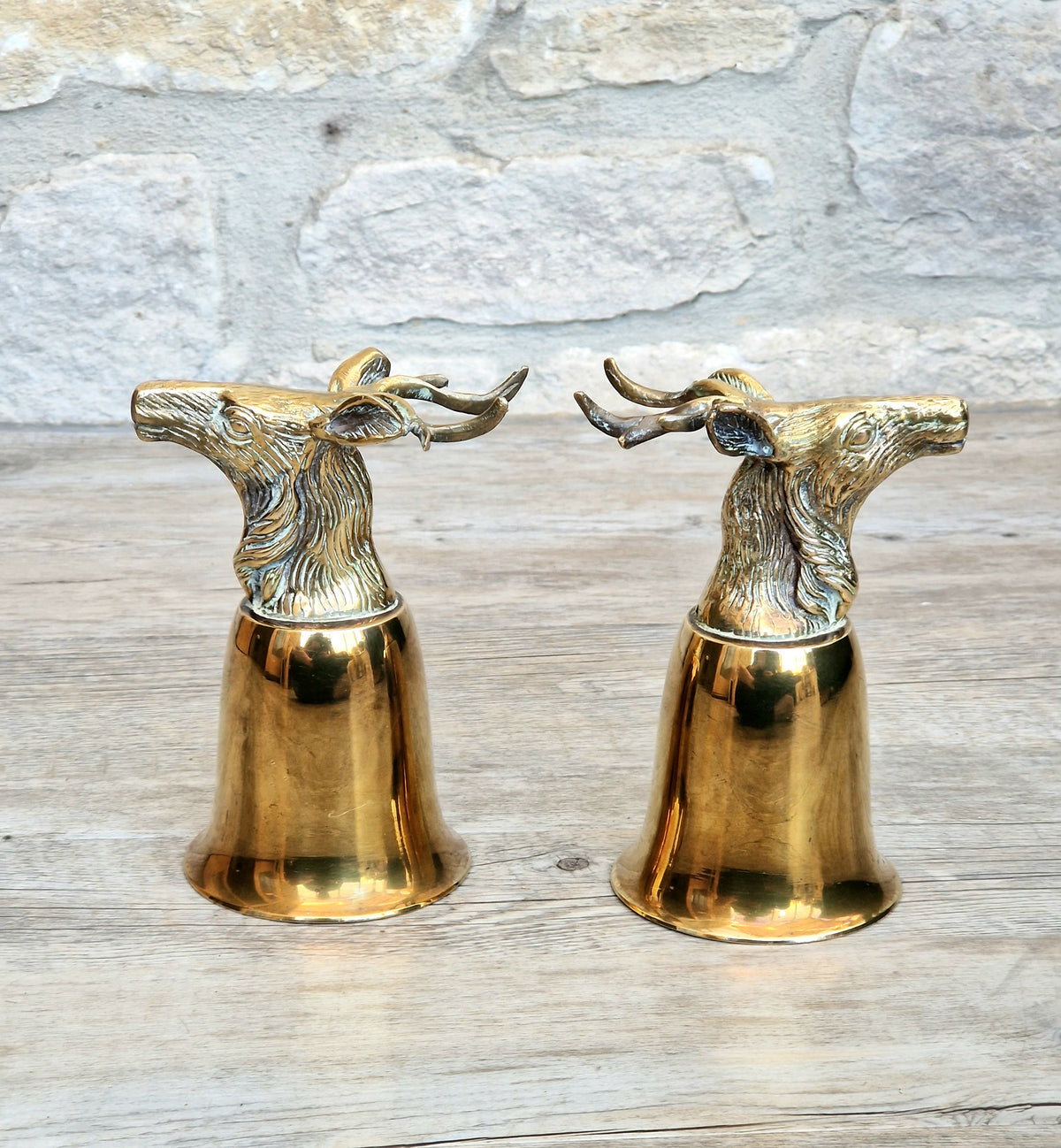Pair Vintage Brass Stag Stirrup Cups Silver Plated Interiors Naturally Patinated Hunting Barware 1970s