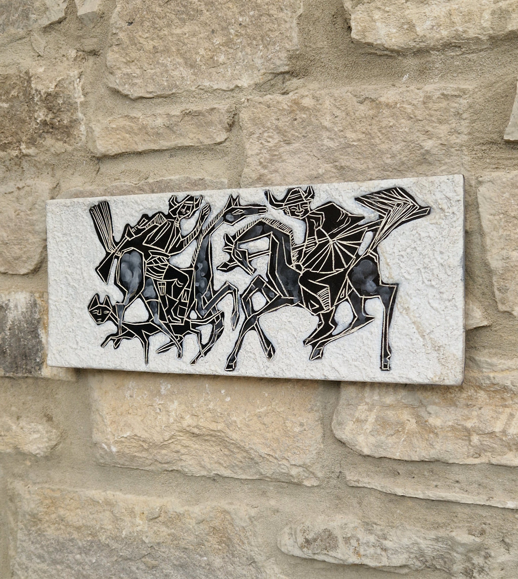 Mid-Century Italian Ceramic Art Plaque Warriors On Horseback Glazed Textured Art