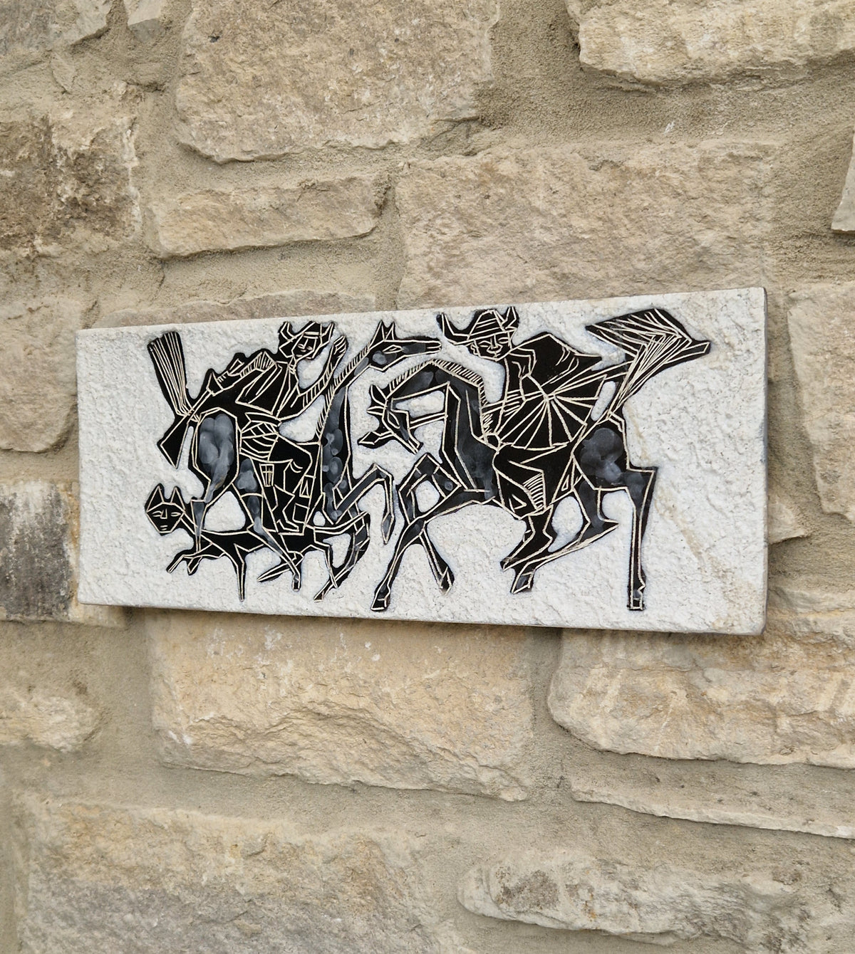 Mid-Century Italian Ceramic Art Plaque Warriors On Horseback Glazed Textured Art