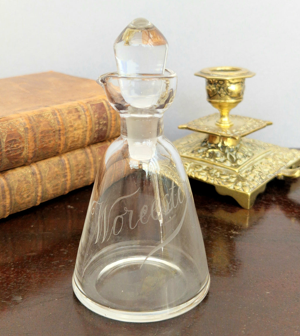 Antique Engraved Glass Worcester Condiment Bottle c.19th Century Fine Copper Wheel Engraving  Glass Stopper English
