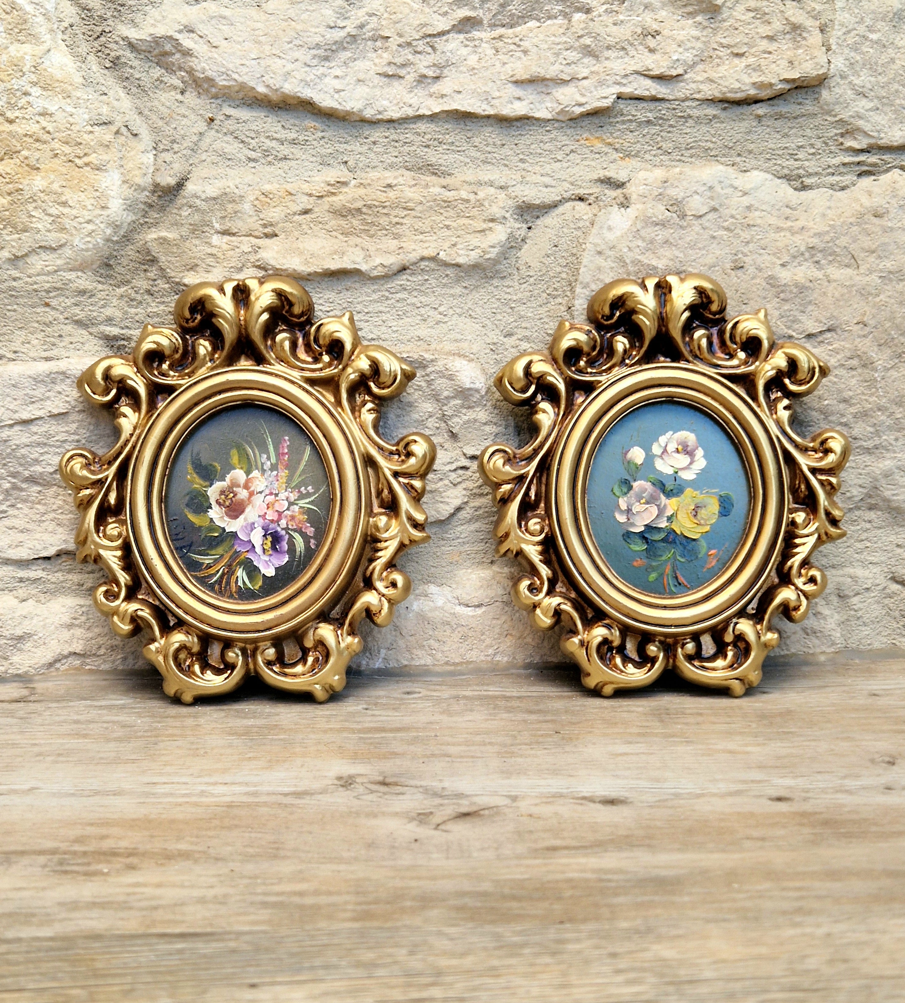 Vintage Pair Signed Floral Miniature Oil Paintings Ornate Gold Rococo Florentine Style Wall Plaques