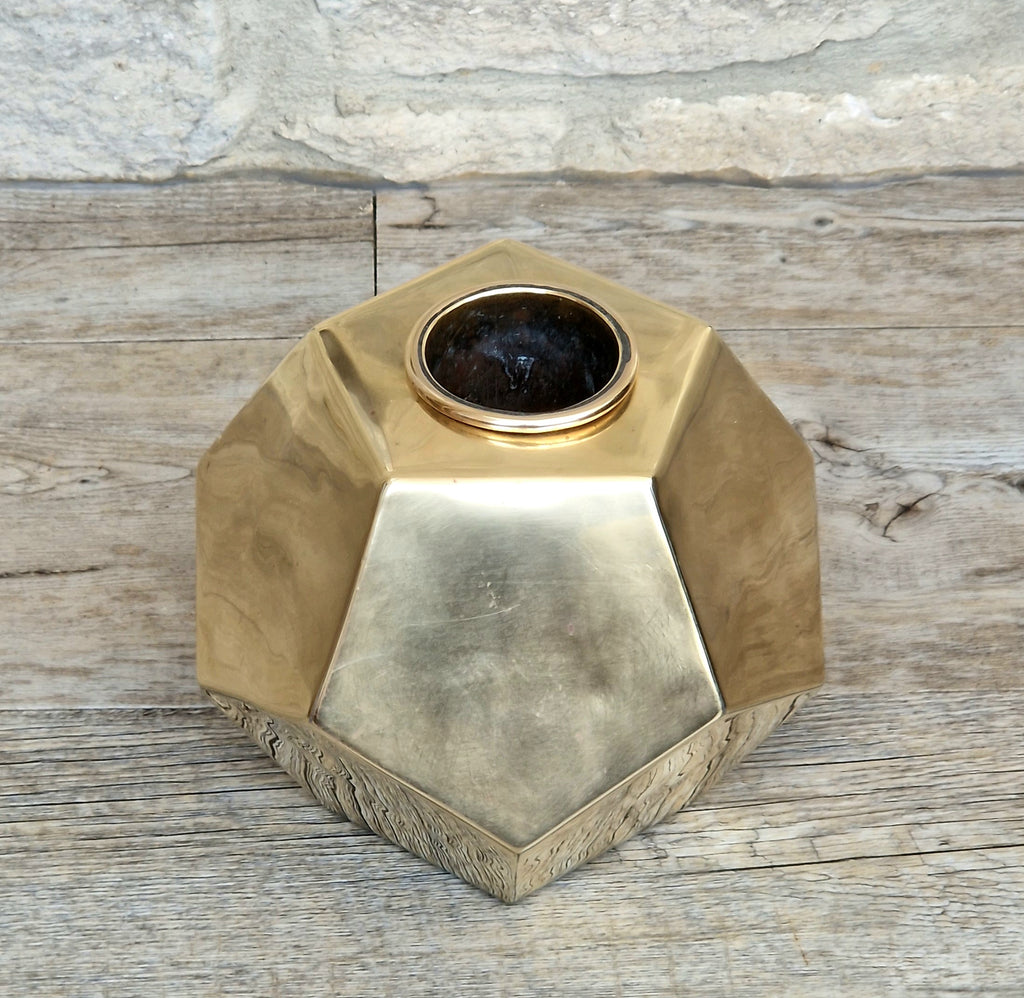 Antique Geometric Brass Dodecahedron Vase Secessionist Jugendstil Planter With Copper Removable Insert Liner