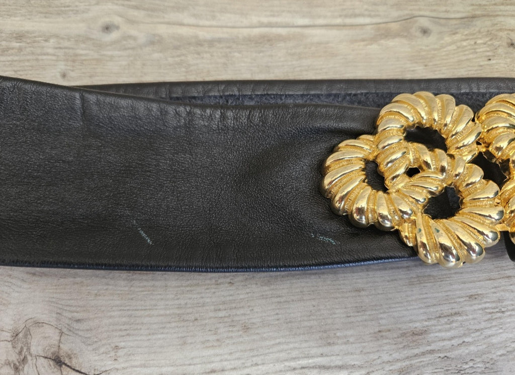 1980s Soft Black Leather Belt with Gold Metal Buckle 31" Long