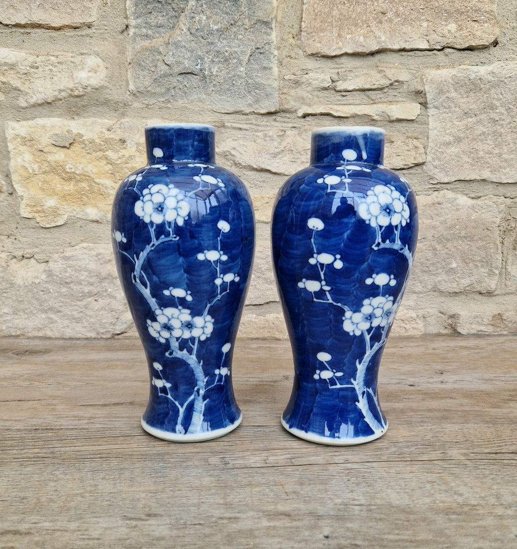 Pair Kangxi Style Blue & White Prunus Baluster Garniture Vases