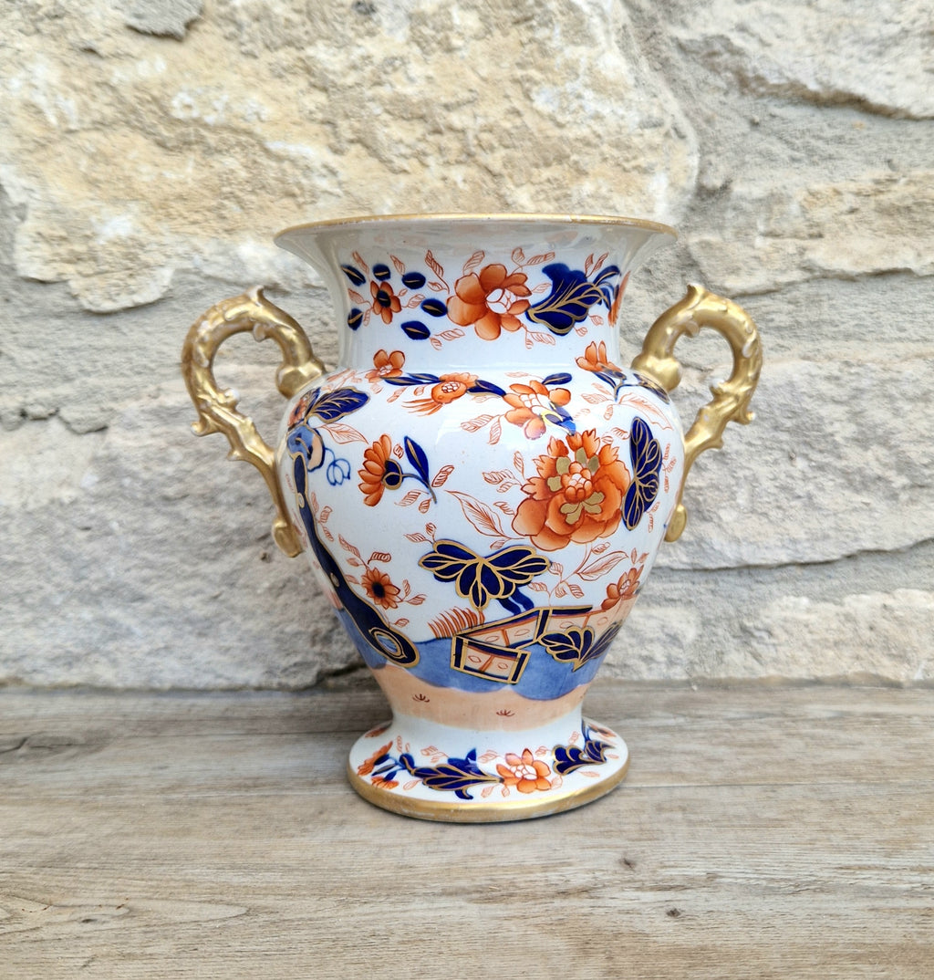 Early Mason's Ironstone China Vase Japan Fence Pattern, Gilt Handles 1820