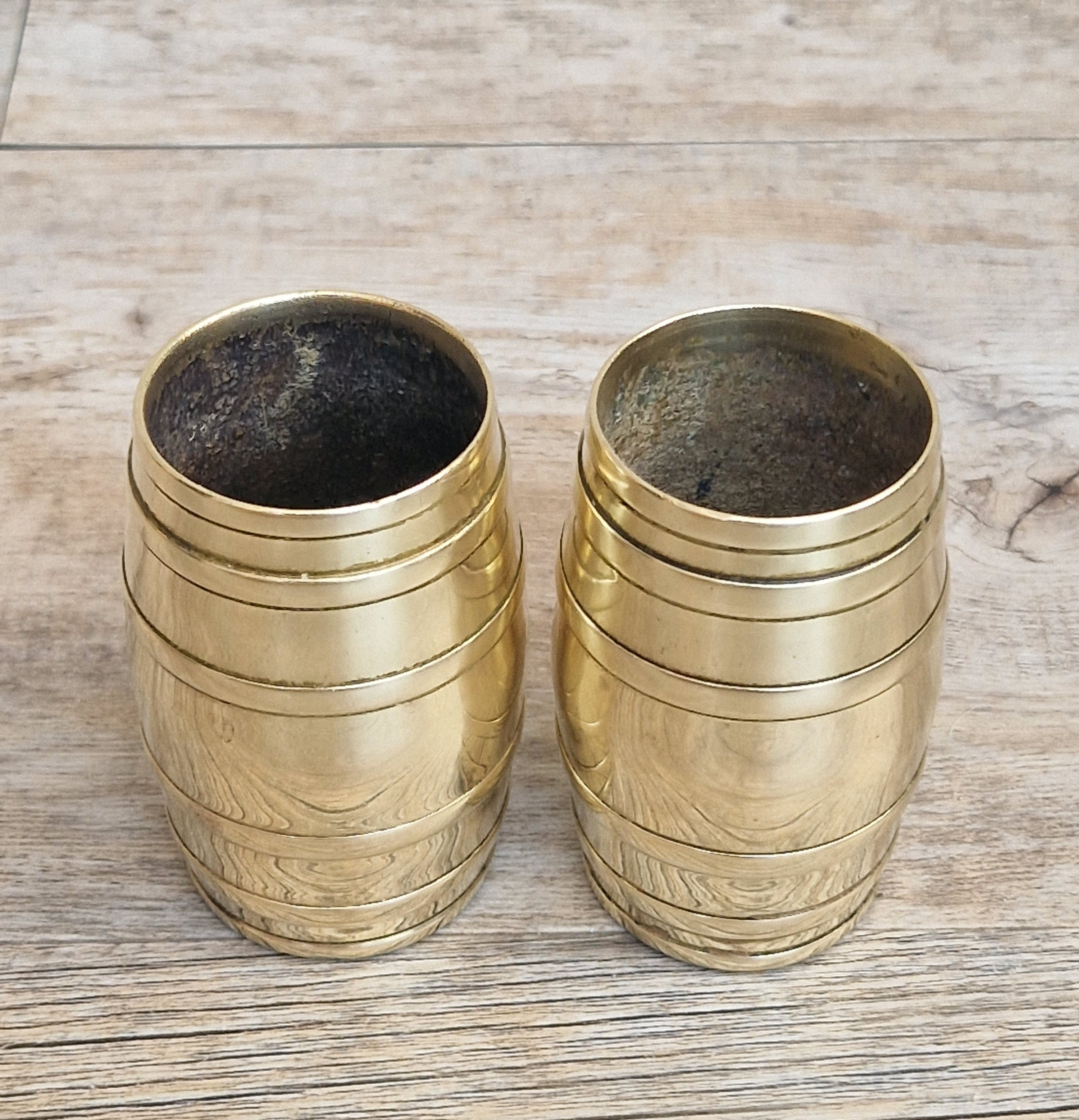 Pair of Vintage Brass Bound Barrel Table Match Holders Desk Pen Holders