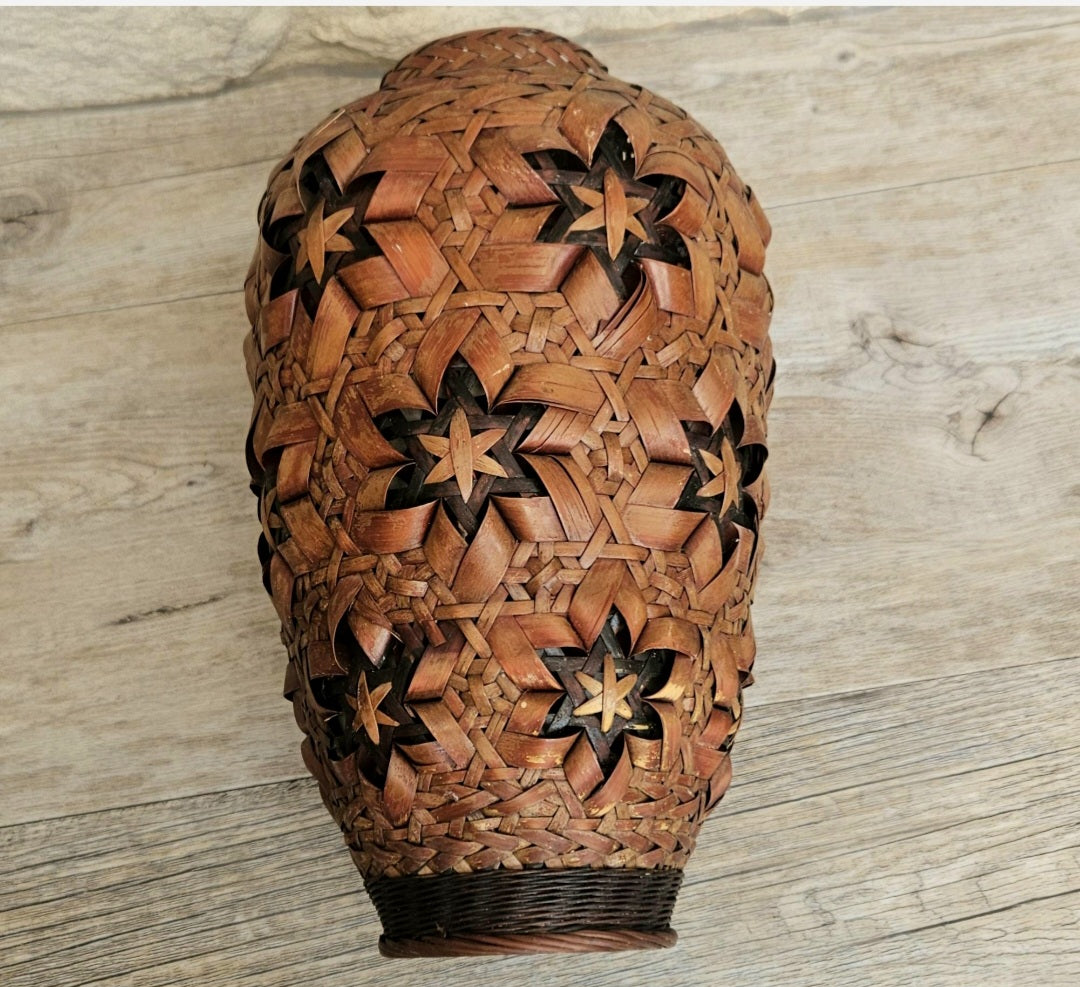 Vintage Japanese Ikebana Vase, Rattan Wrapped Ceramic Insert, Floral Arrangement Vessel, 26cm Tall Decor Piece