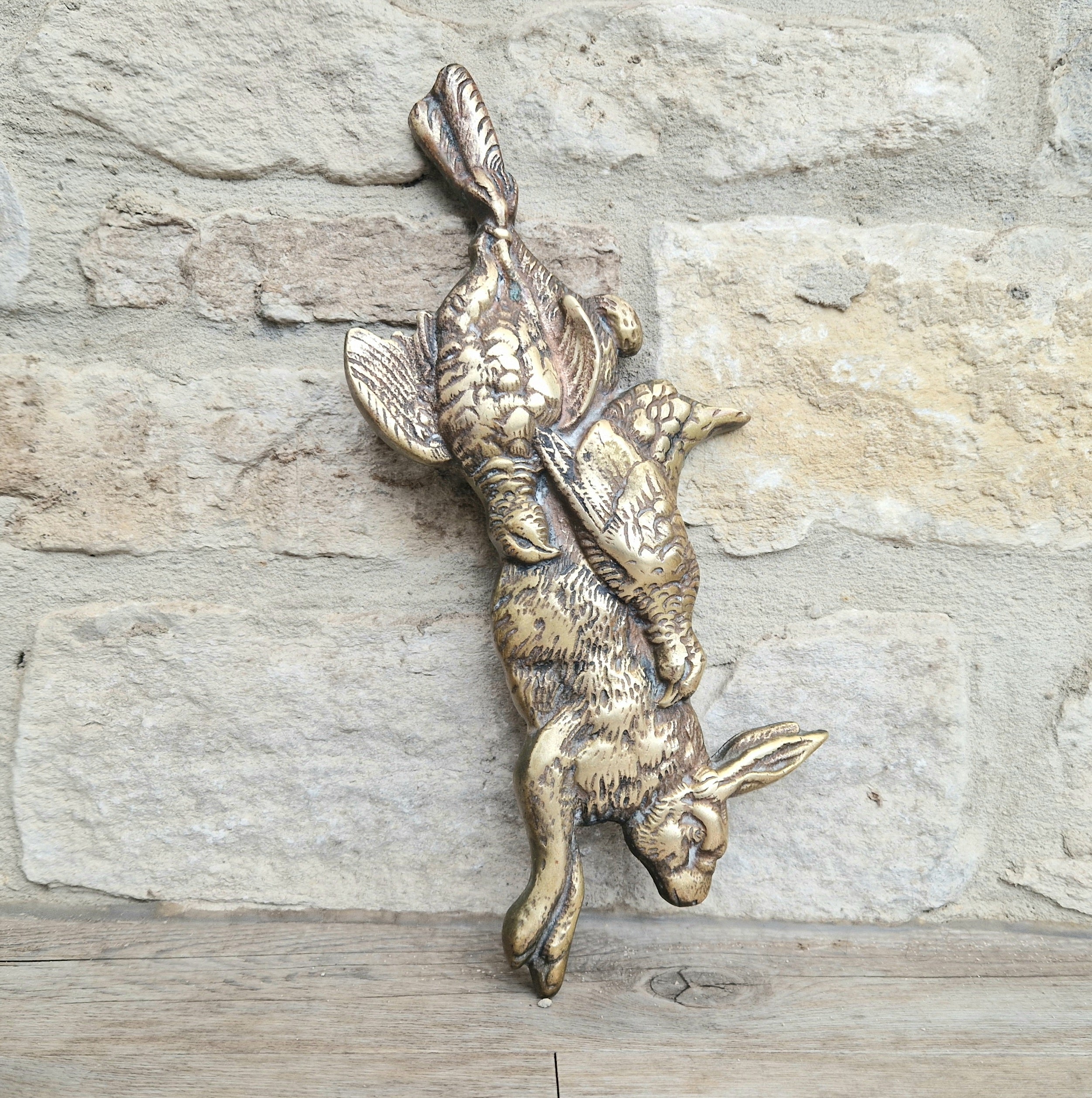 Victorian Cast Brass Wall Game Hanger Hare & Brace Of Partridge Kitchenalia