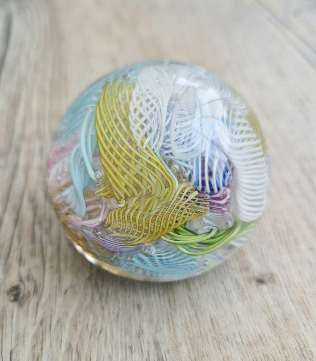 Vintage Murano Art Glass Paperweight with Scrambled Latticino & Zanfirico Canes