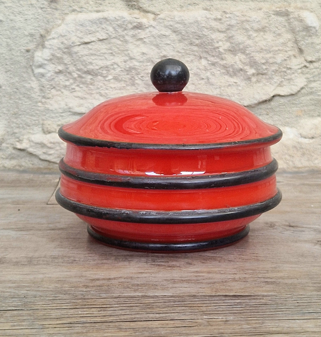 Art Deco Bohemian Red Black Hooped Glass Powder Box Covered Vanity Jar Jar Lid 12cm
