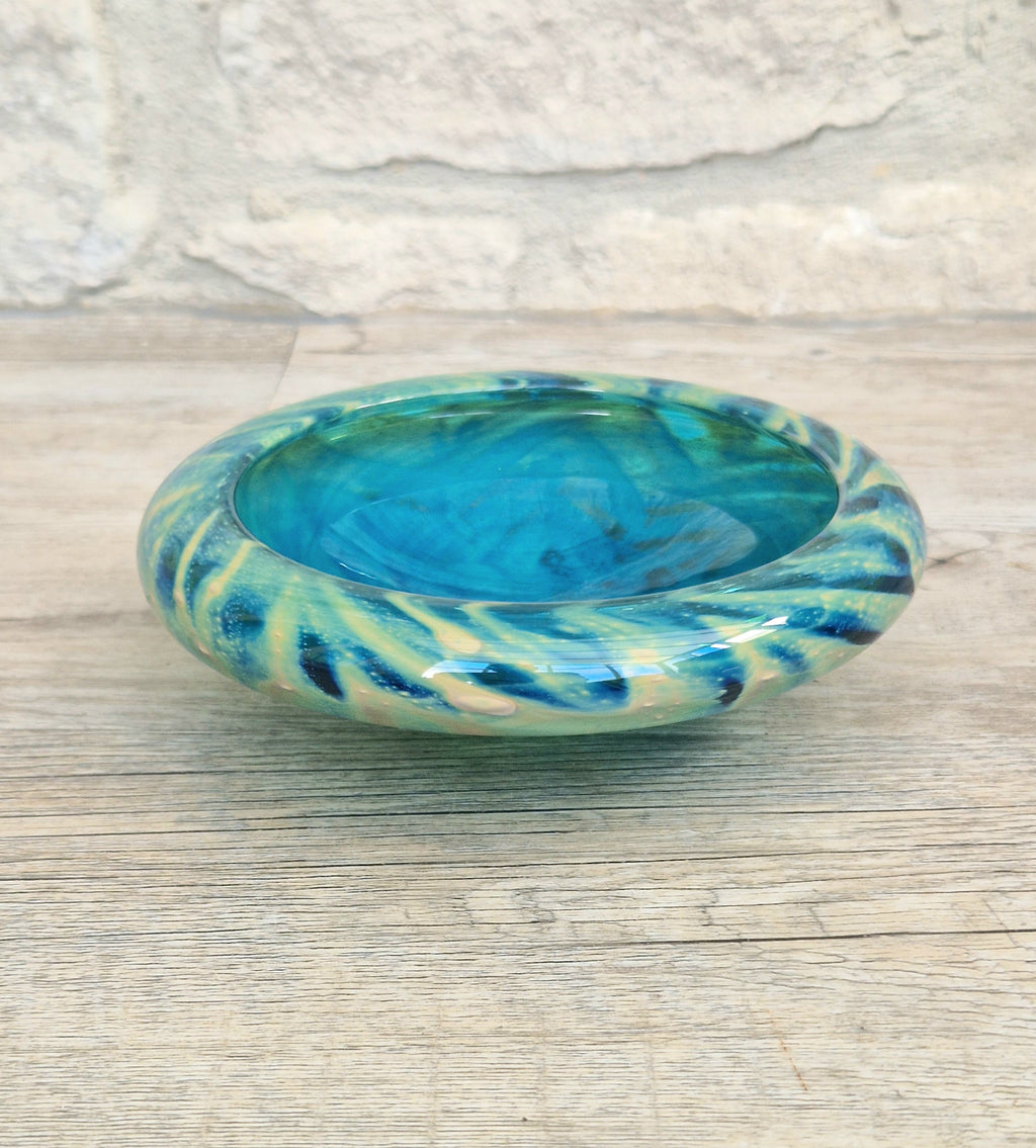 Mdina Glass Green Whirlpool Bowl Vintage 1970s Michael Harris Art Glass Malta