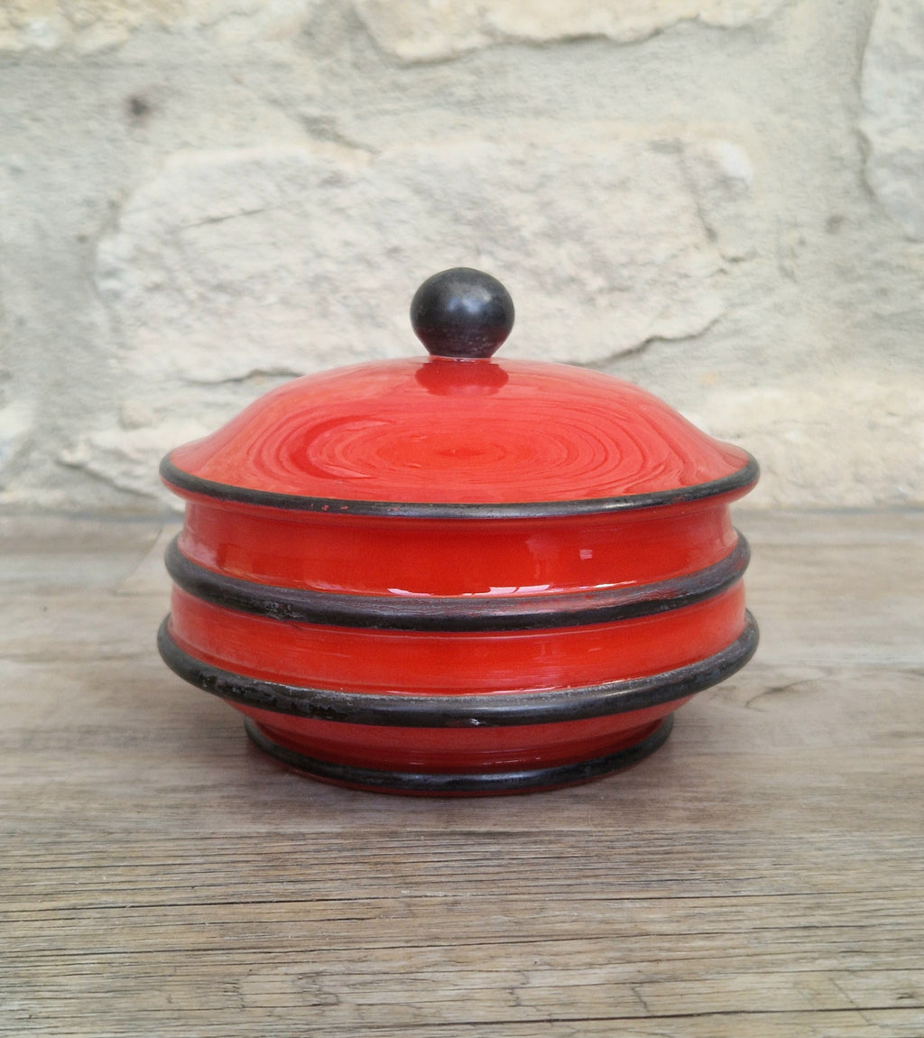 Art Deco Bohemian Red Black Hooped Glass Powder Box Covered Vanity Jar Jar Lid 12cm