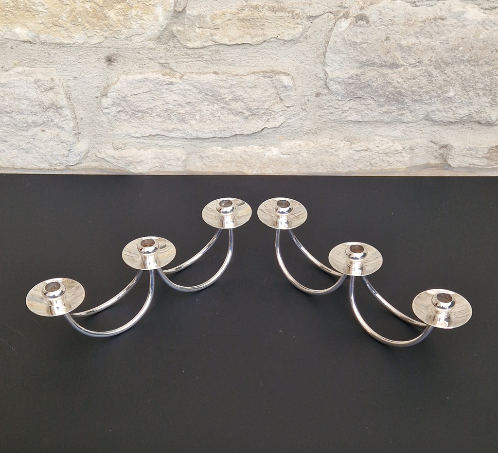 1960's Berg 'Selandia' Danish 3 Branch Minimalist Candelabra Candle Holders x 2