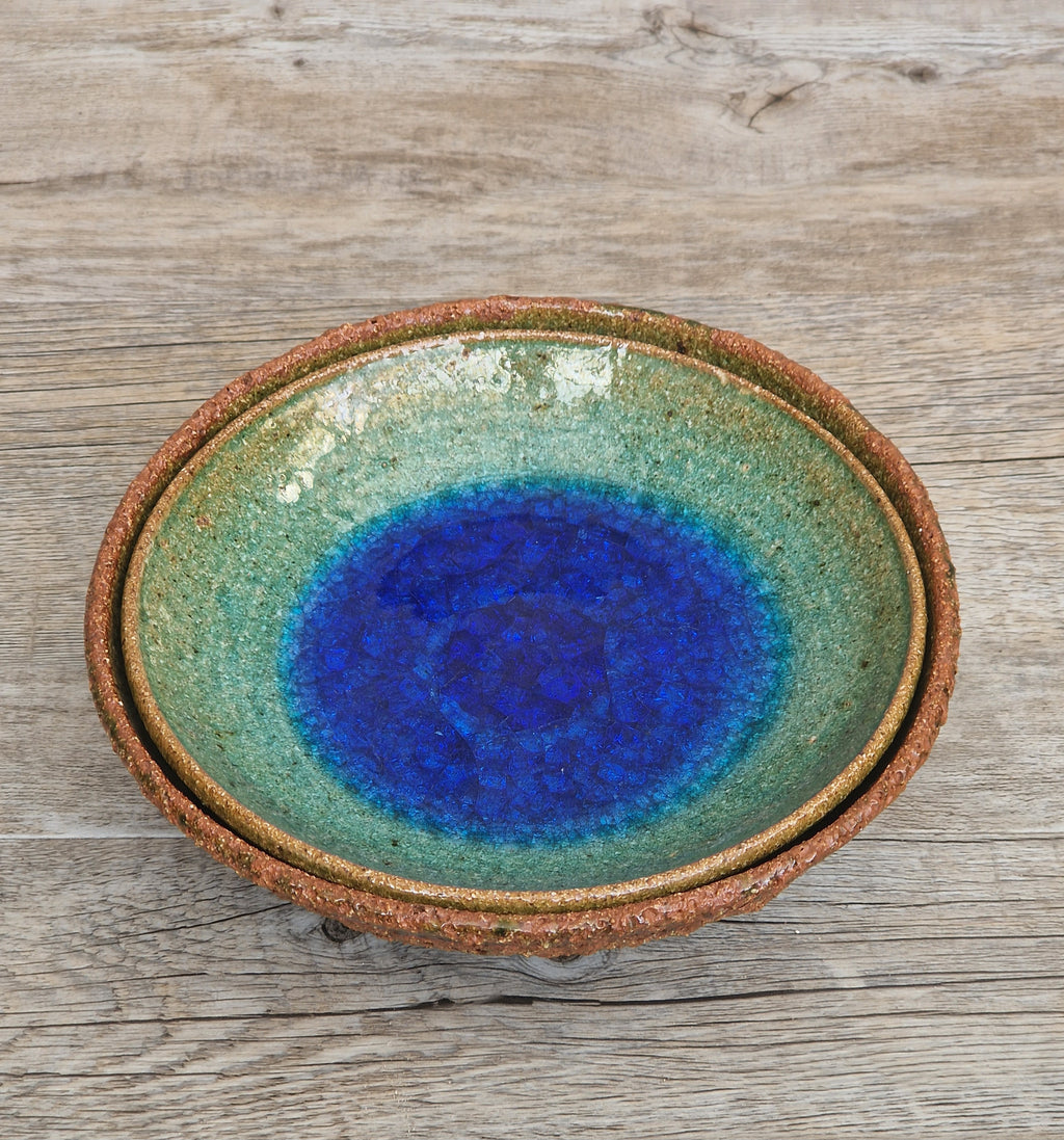 Vintage Studio Art Pottery Alan Hemmings Nested Blue Crackle Glaze Ceramic Bowls