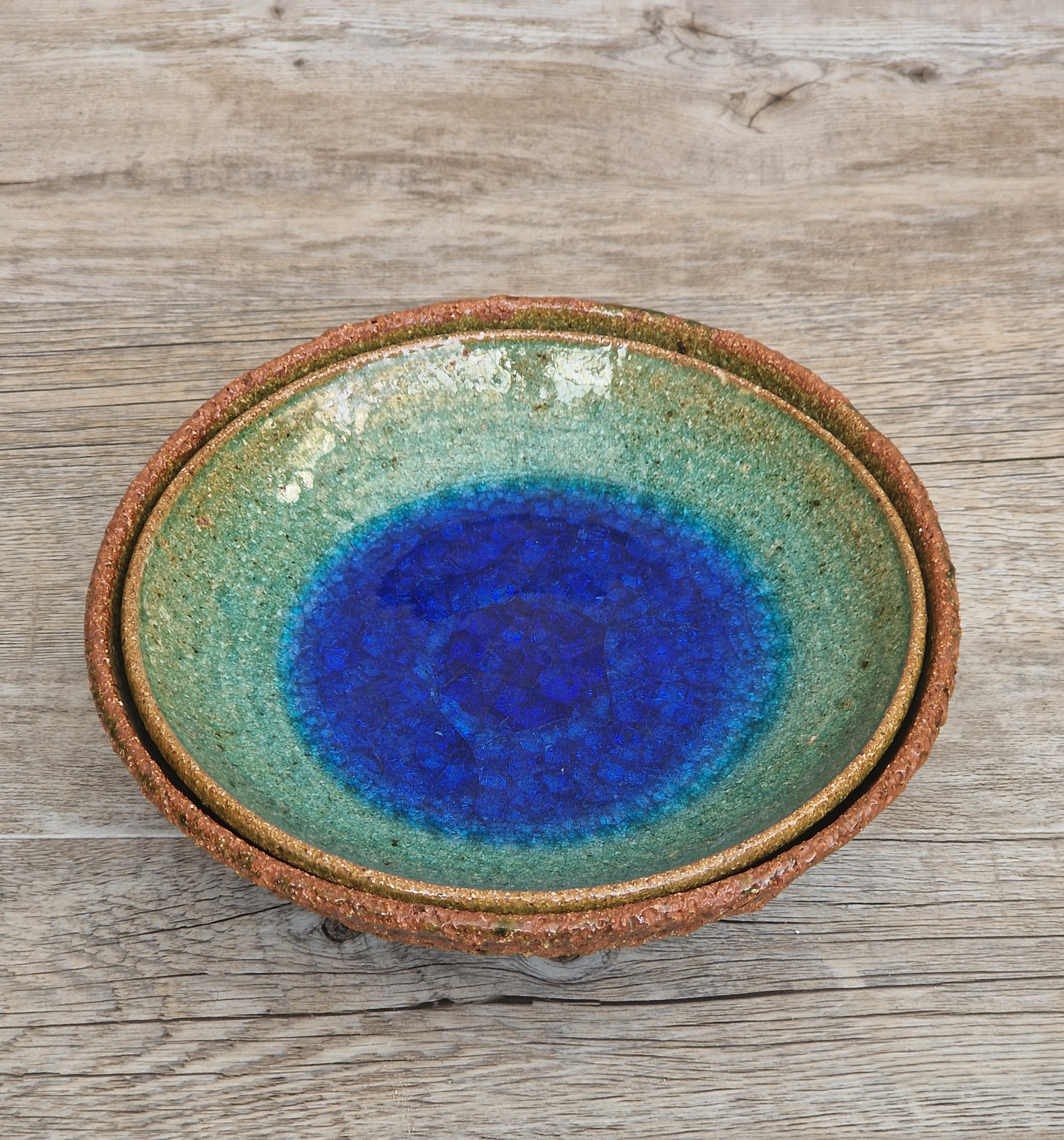 Vintage Studio Art Pottery Alan Hemmings Nested Blue Crackle Glaze Ceramic Bowls