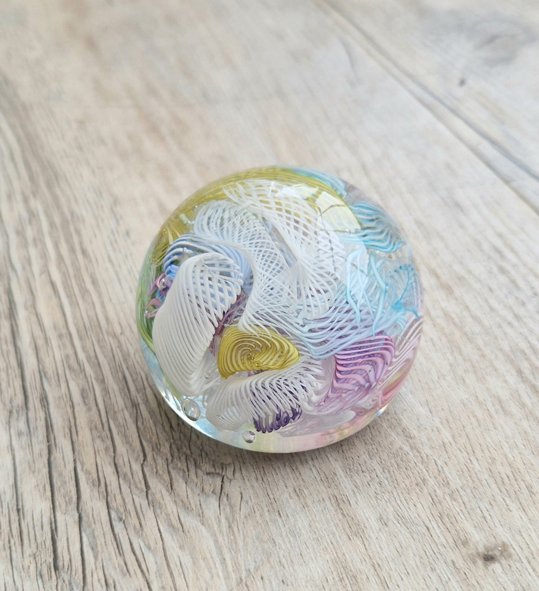 Vintage Murano Art Glass Paperweight with Scrambled Latticino & Zanfirico Canes