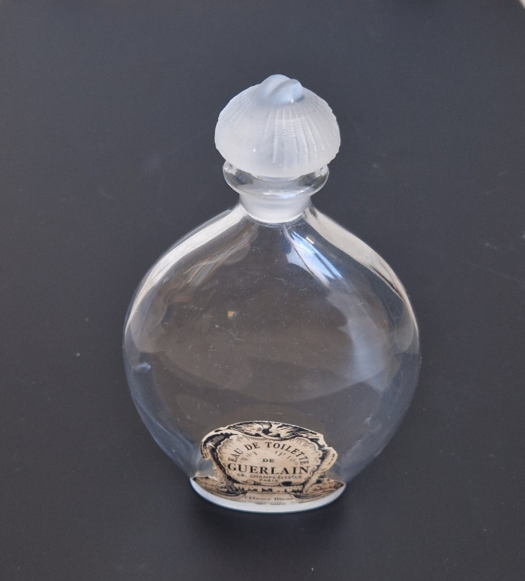 Guerlain Glass Perfume Bottle Dolphin Paper Label Frosted Stopper L'Heure Bleue 'Flacon Goutte' Empty 16.5cm