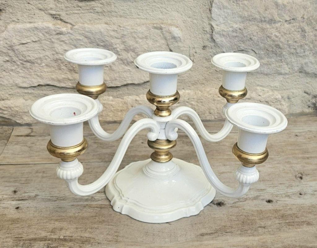 Vintage White Enamel and Gold Five Candle Candelabra Four Arm Elegant Metal Centerpiece