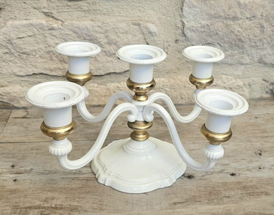 Vintage White Enamel and Gold Five Candle Candelabra Four Arm Elegant Metal Centerpiece