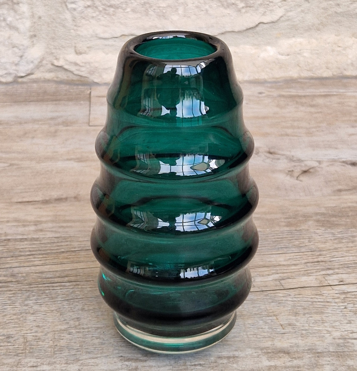 Midcentury Scandinavian Modern Hooped Vase Green Glass Magnor Norway, 1960