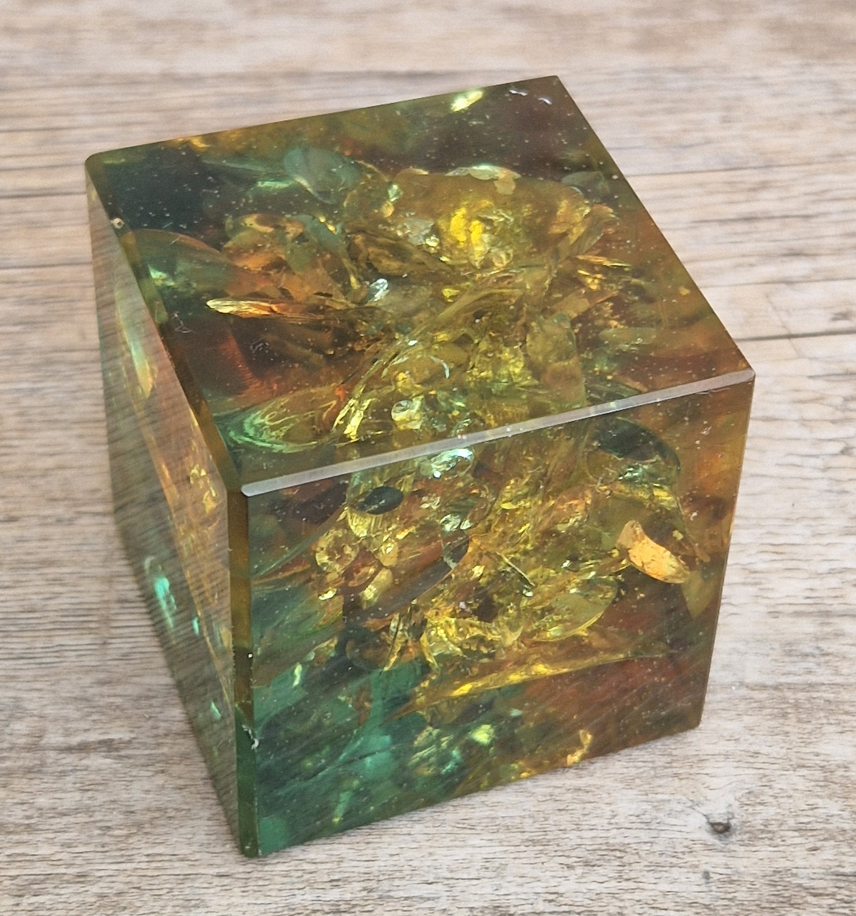 Vintage 1960s Shattaline Resin Cube Paperweight Amber Green Fractured Ice Mid Century Desk Ornament